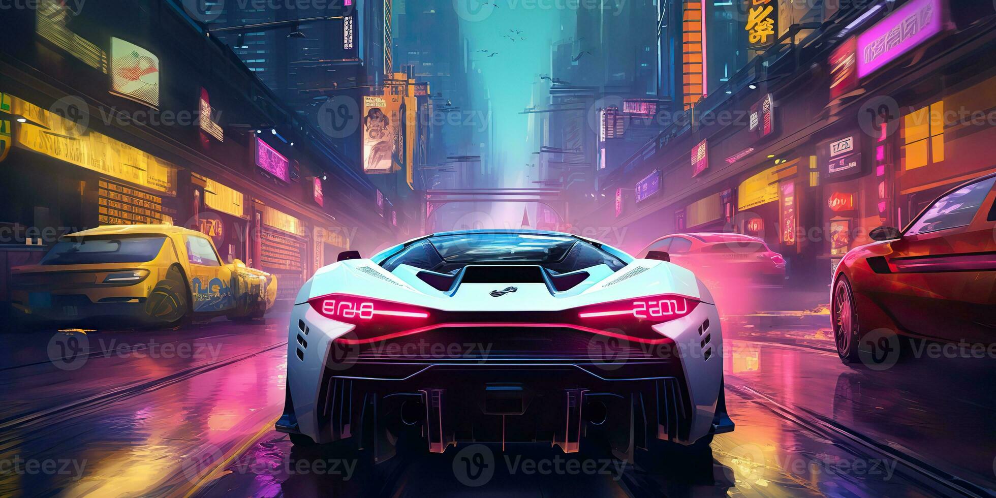 AI Generated. AI Generative. Cyberpunk race car neon ligh night move on road. Retrowave vaporwave synthwave style vibe. Graphic Art photo