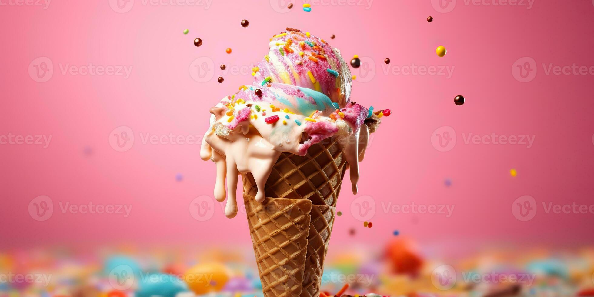 AI Generated. AI Generative. Fresh ice cream in waffle cone round. Chocolate vanilla desser vibrant bright color background mockup decoration. Graphic Art photo