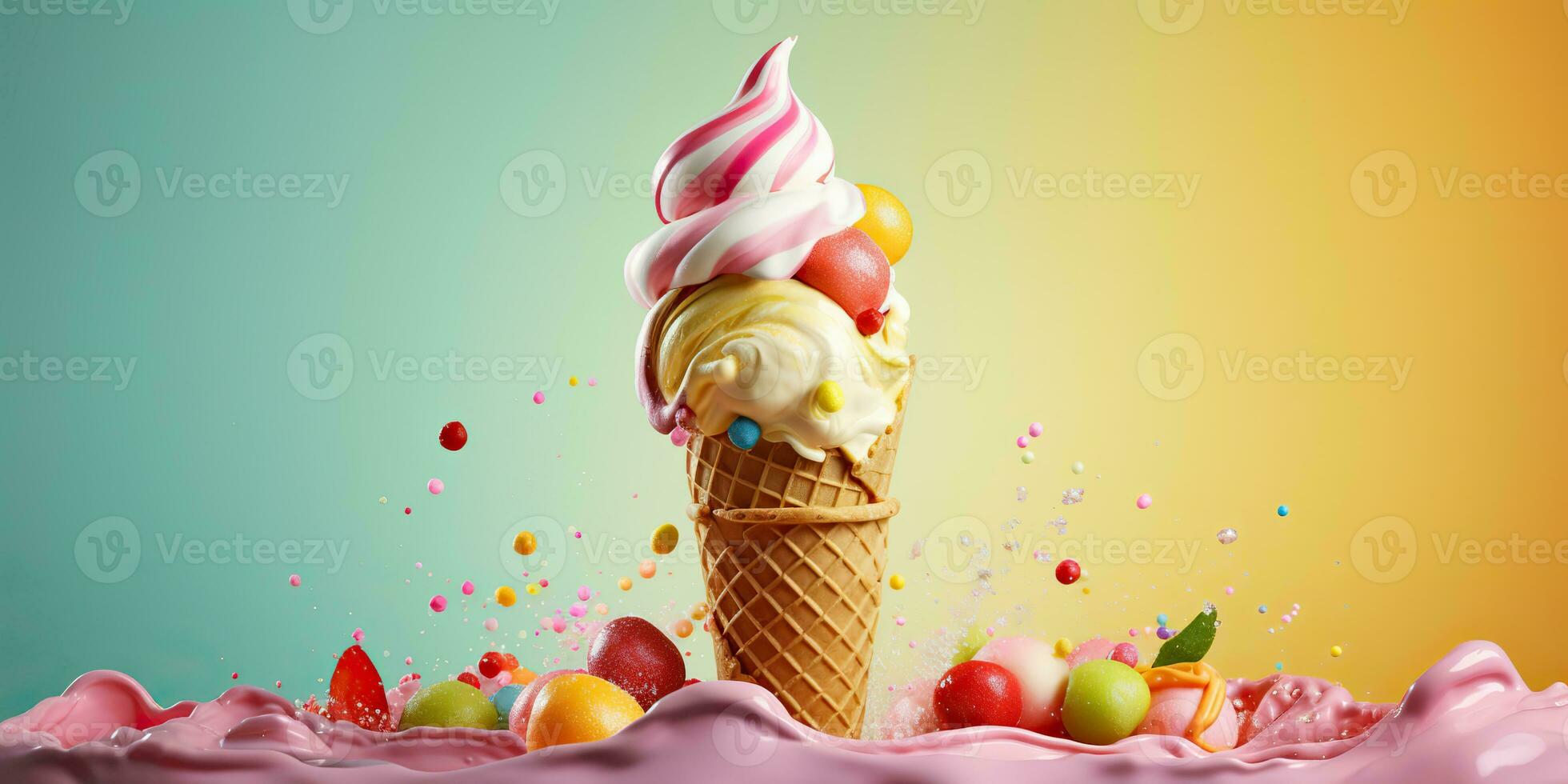 AI Generated. AI Generative. Fresh ice cream in waffle cone round. Chocolate vanilla desser vibrant bright color background mockup decoration. Graphic Art photo