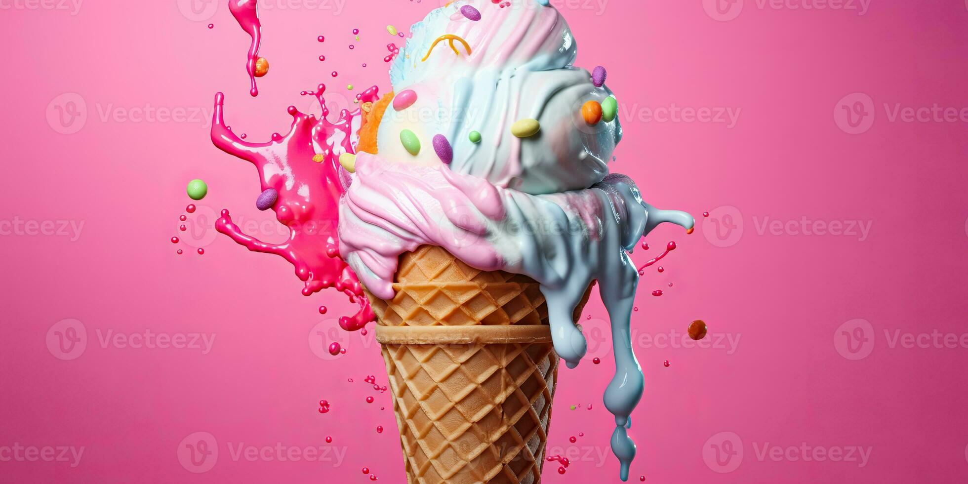AI Generated. AI Generative. Fresh ice cream in waffle cone round. Chocolate vanilla desser vibrant bright color background mockup decoration. Graphic Art photo
