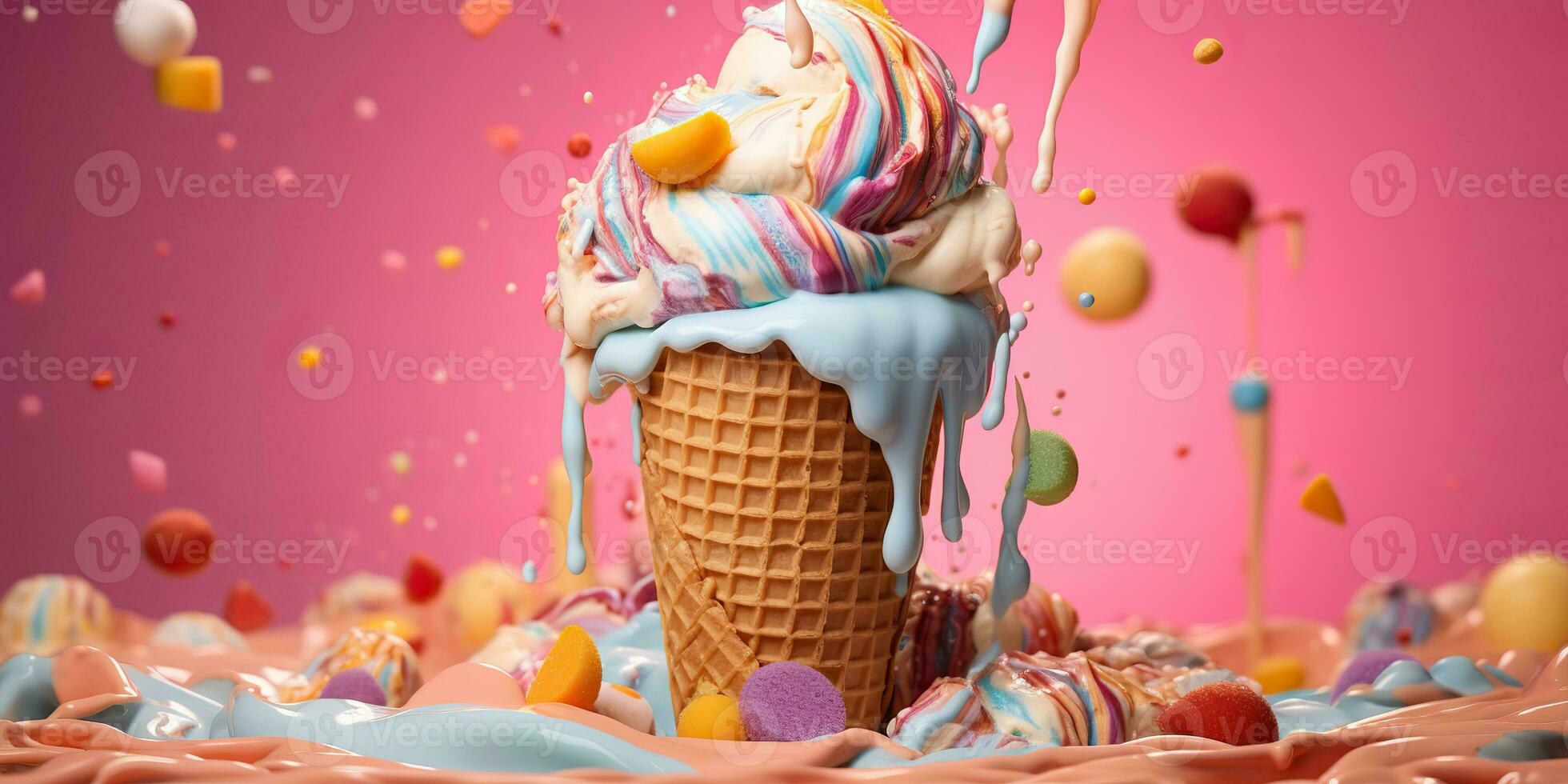 AI Generated. AI Generative. Fresh ice cream in waffle cone round. Chocolate vanilla desser vibrant bright color background mockup decoration. Graphic Art photo