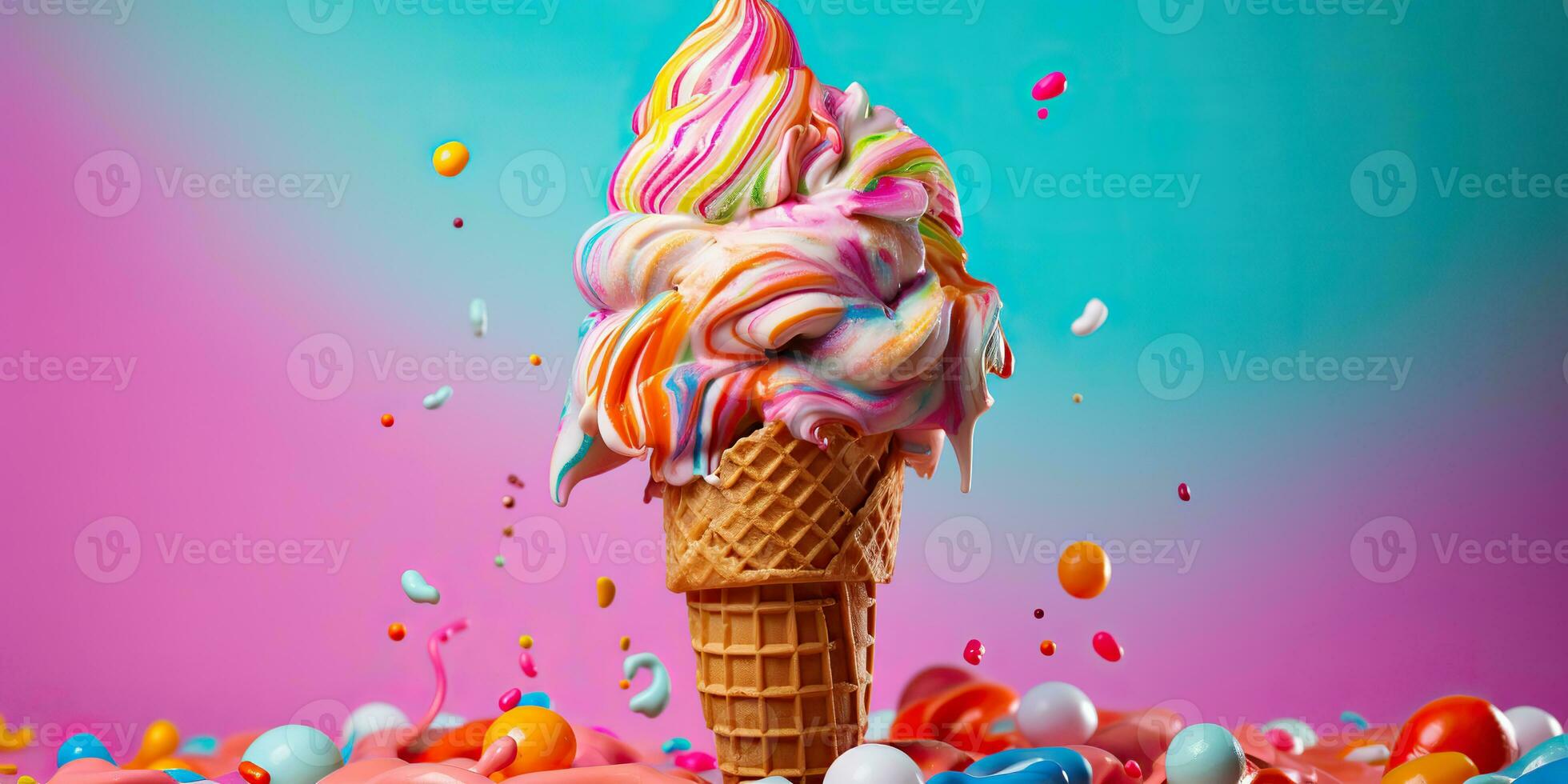 AI Generated. AI Generative. Fresh ice cream in waffle cone round. Chocolate vanilla desser vibrant bright color background mockup decoration. Graphic Art photo