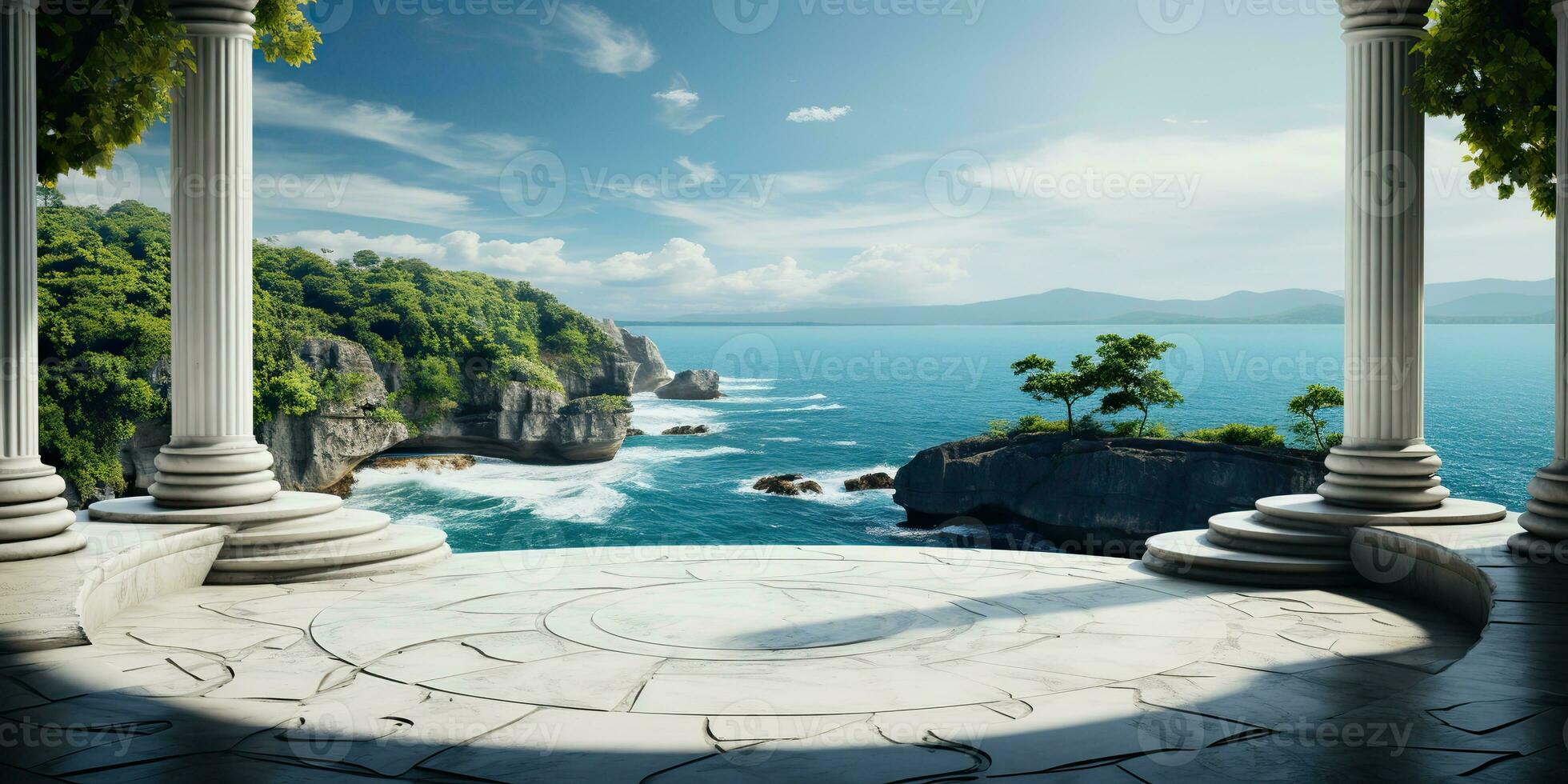 AI Generated. AI Generative. White concrete terrace vacation hotel villa house. Adventure vacation relaxing time. Graphic Art photo