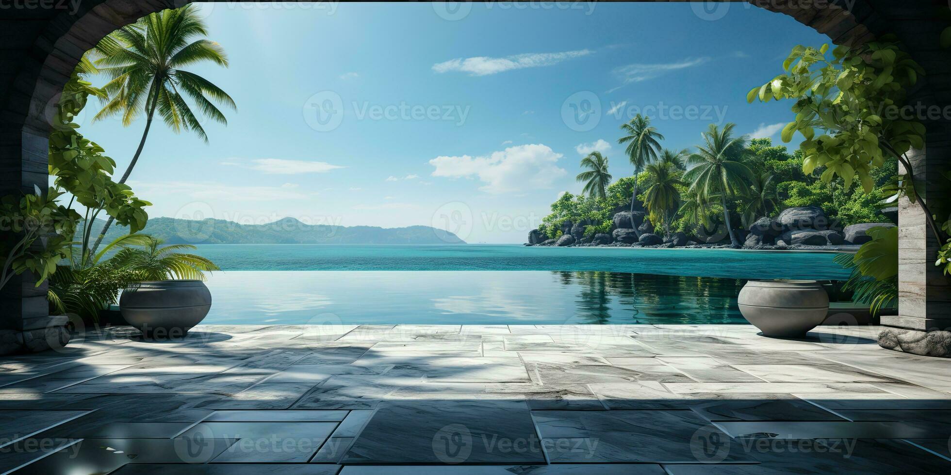AI Generated. AI Generative. White concrete terrace vacation hotel villa house. Adventure vacation relaxing time. Graphic Art photo
