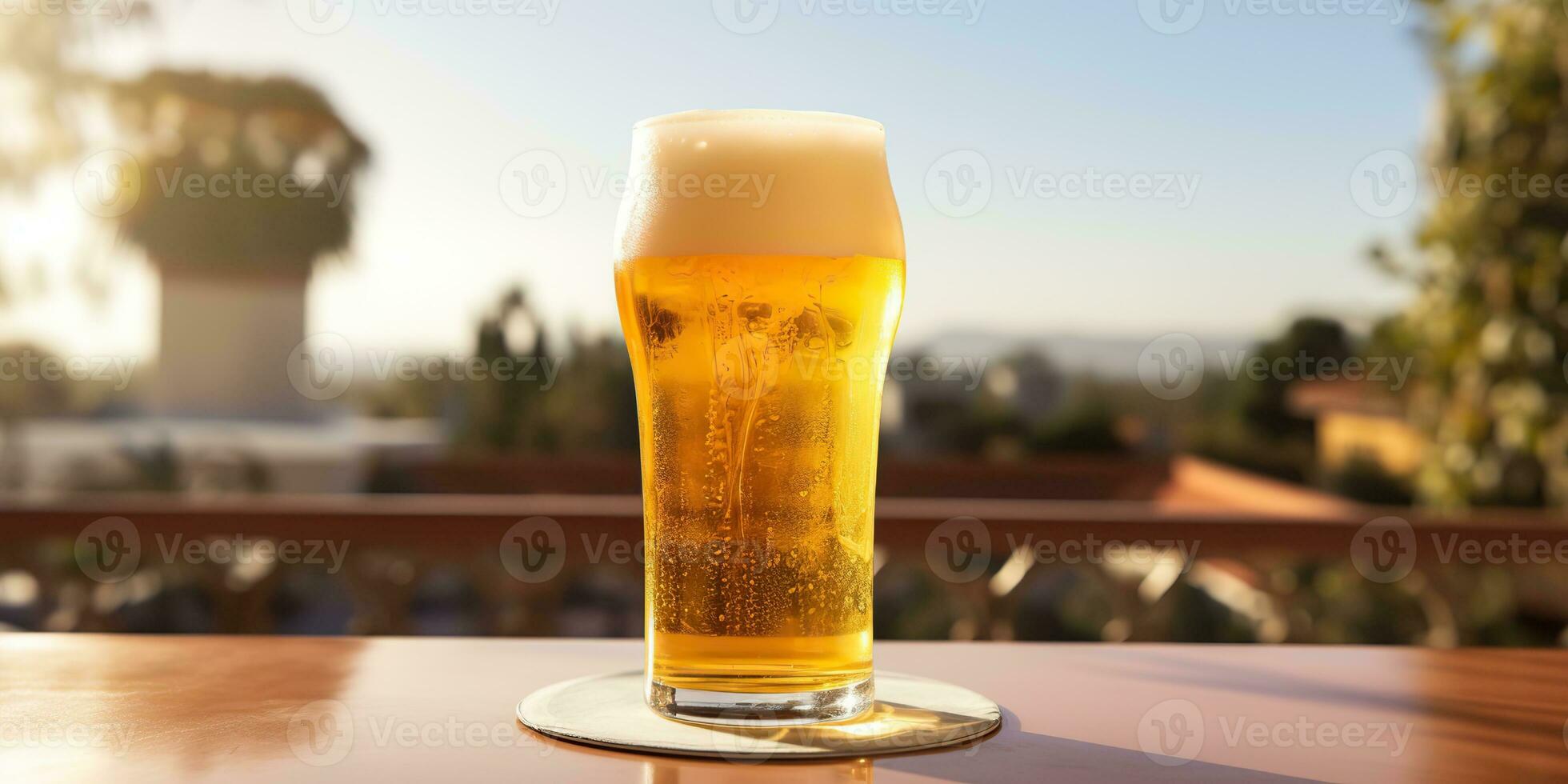 ai generado. ai generativo. cerveza jarra vaso taza en de madera mesa. al aire libre naturaleza cerveza bebida vaso Bosquejo decoración antecedentes. gráfico Arte foto