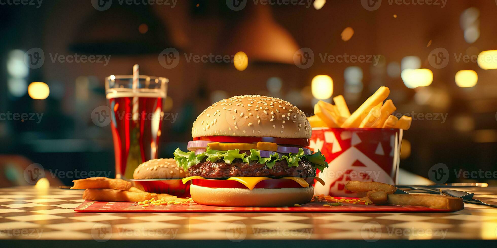 AI Generated. AI Generative. Fast food hamburger burger cheeseburger sandwich fresh fastfood menu restaurant decoration background.  Graphic Art photo