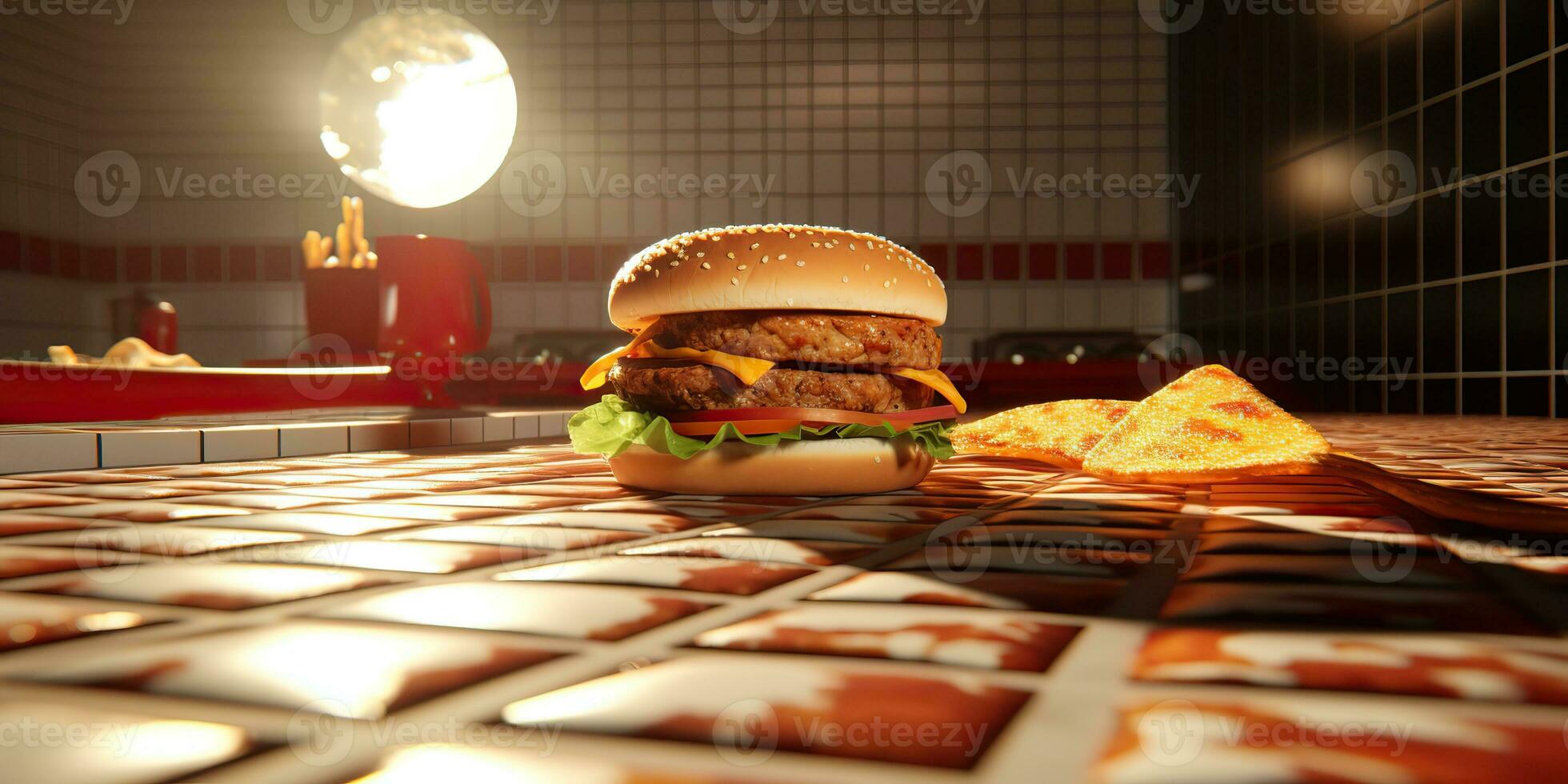 AI Generated. AI Generative. Fast food hamburger burger cheeseburger sandwich fresh fastfood menu restaurant decoration background.  Graphic Art photo