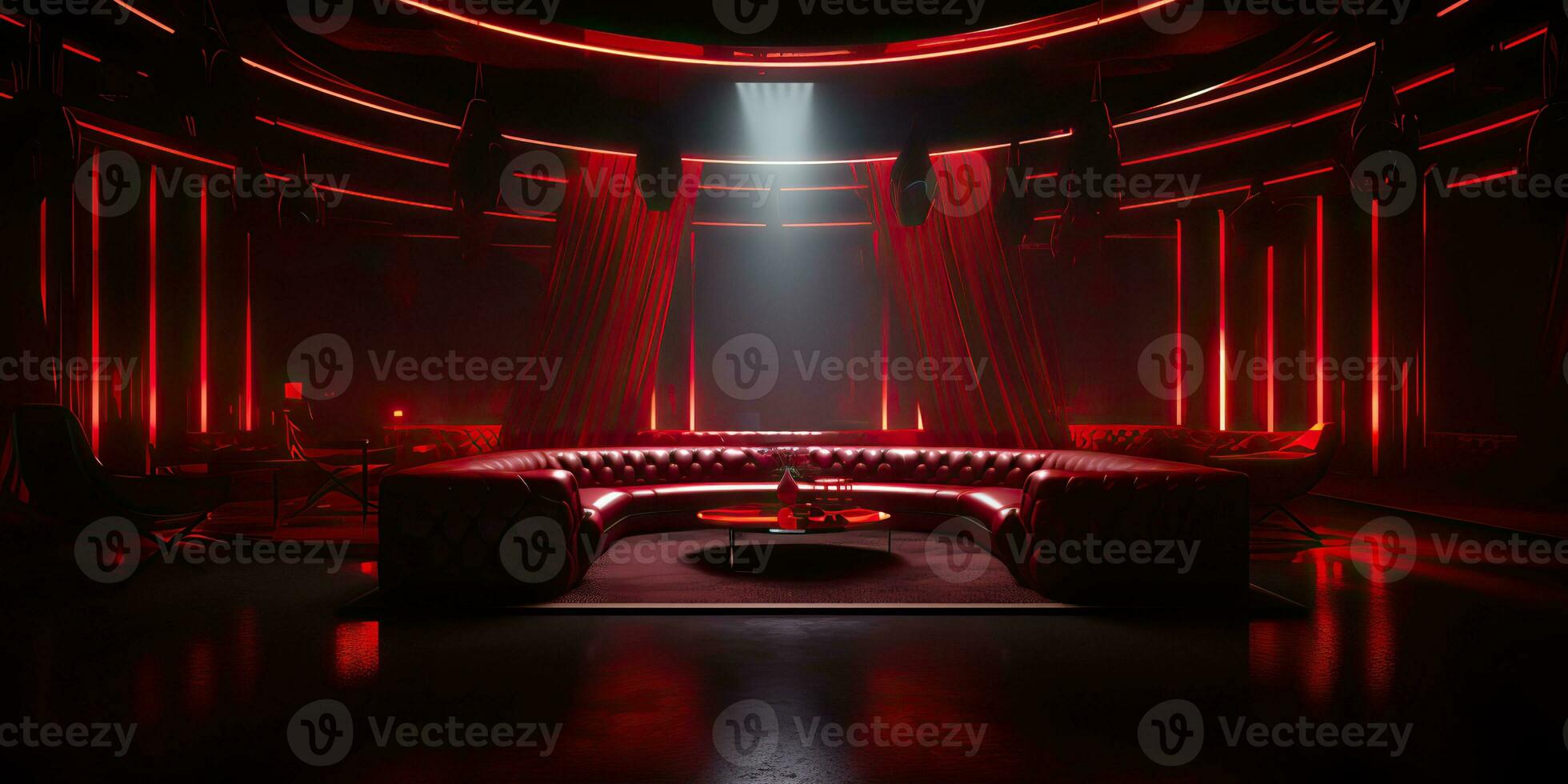 AI Generated. AI Generative. Vip private room at nightclub interior design. Red dark night life style party with red sofa seating. Graphic Art photo