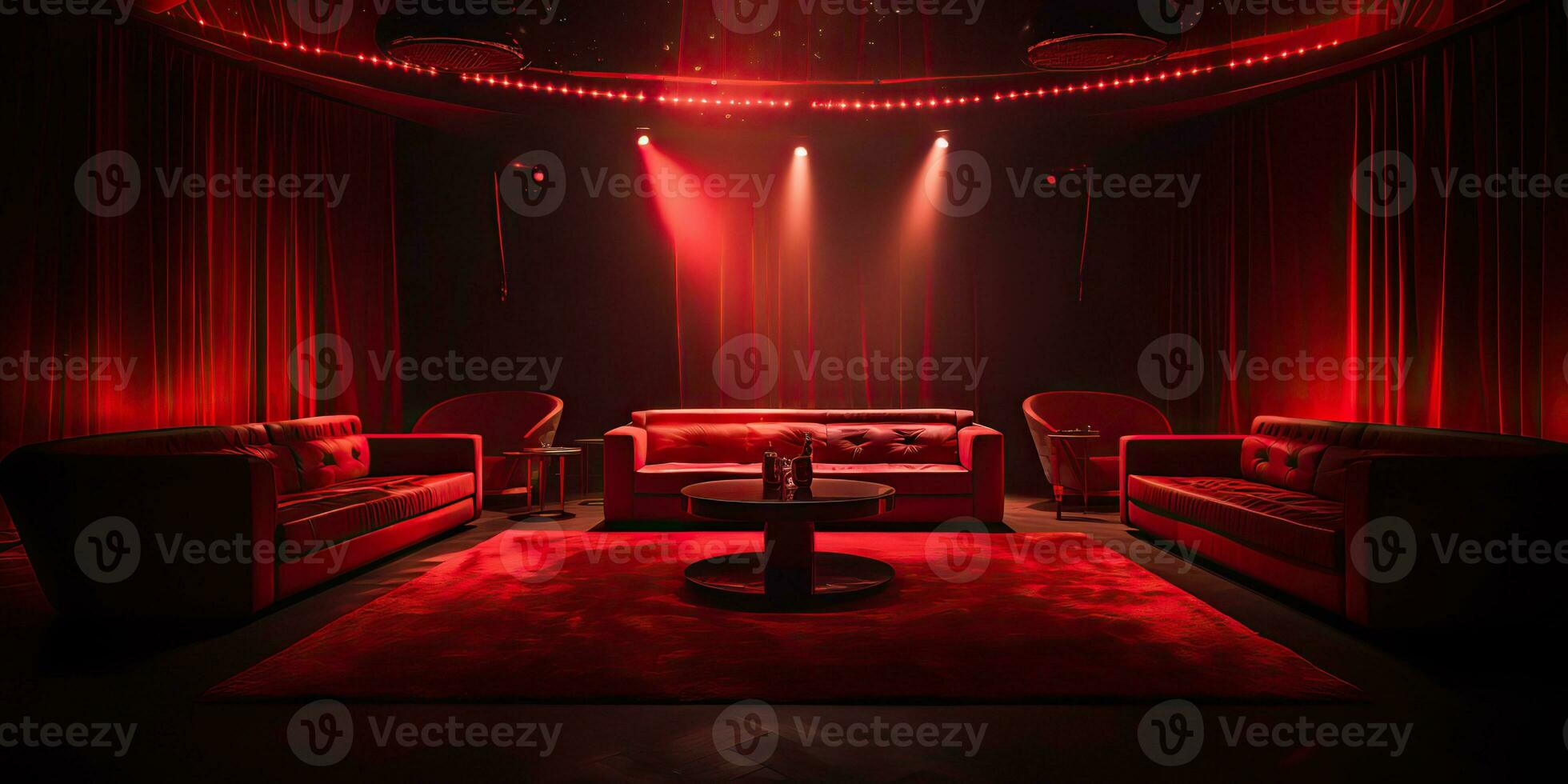 AI Generated. AI Generative. Vip private room at nightclub interior design. Red dark night life style party with red sofa seating. Graphic Art photo