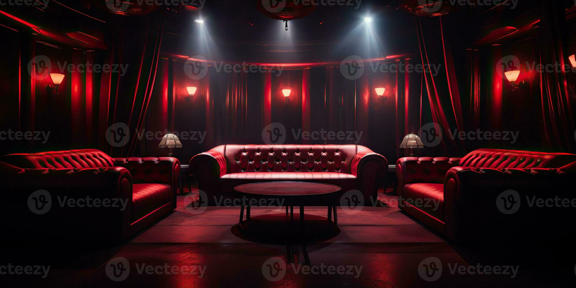 AI Generated. AI Generative. Vip private room at nightclub interior design. Red dark night life style party with red sofa seating. Graphic Art photo