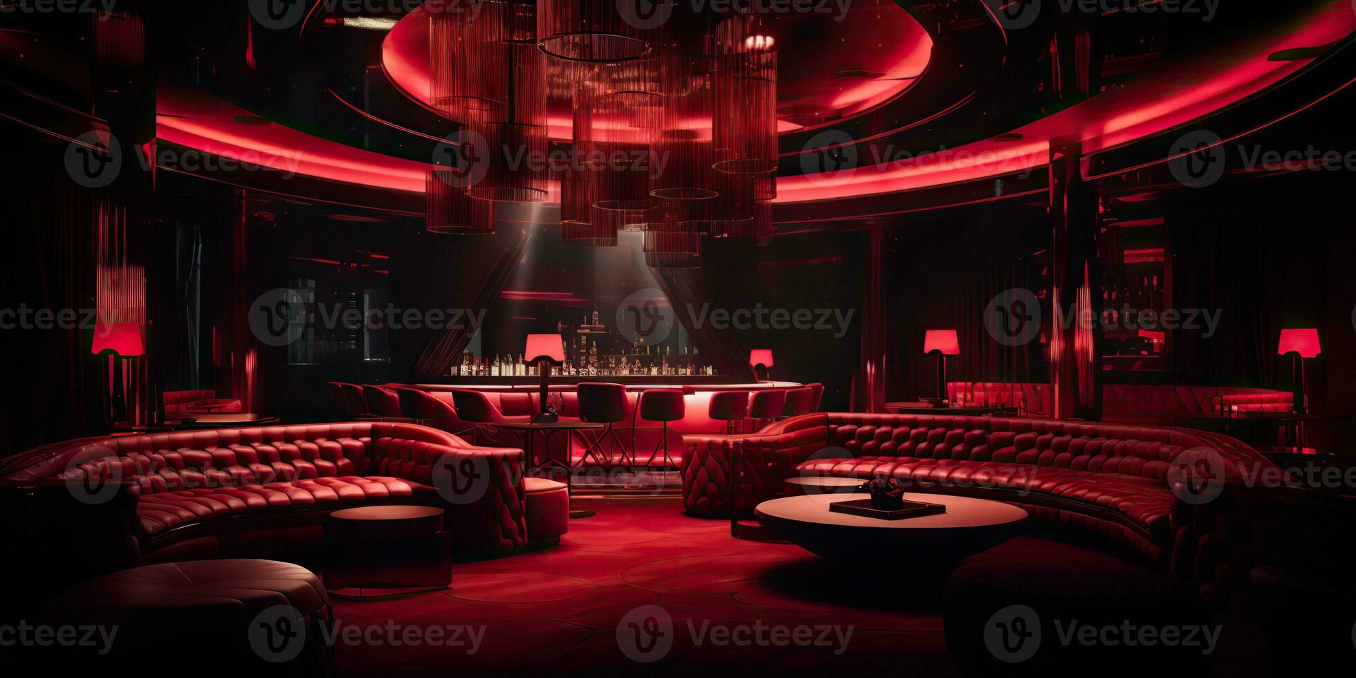 AI Generated. AI Generative. Vip private room at nightclub interior design. Red dark night life style party with red sofa seating. Graphic Art photo