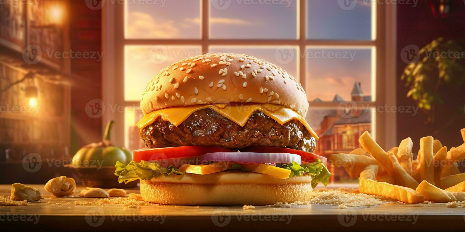 AI Generated. AI Generative. Fast food hamburger burger cheeseburger sandwich fresh fastfood menu restaurant decoration background.  Graphic Art photo