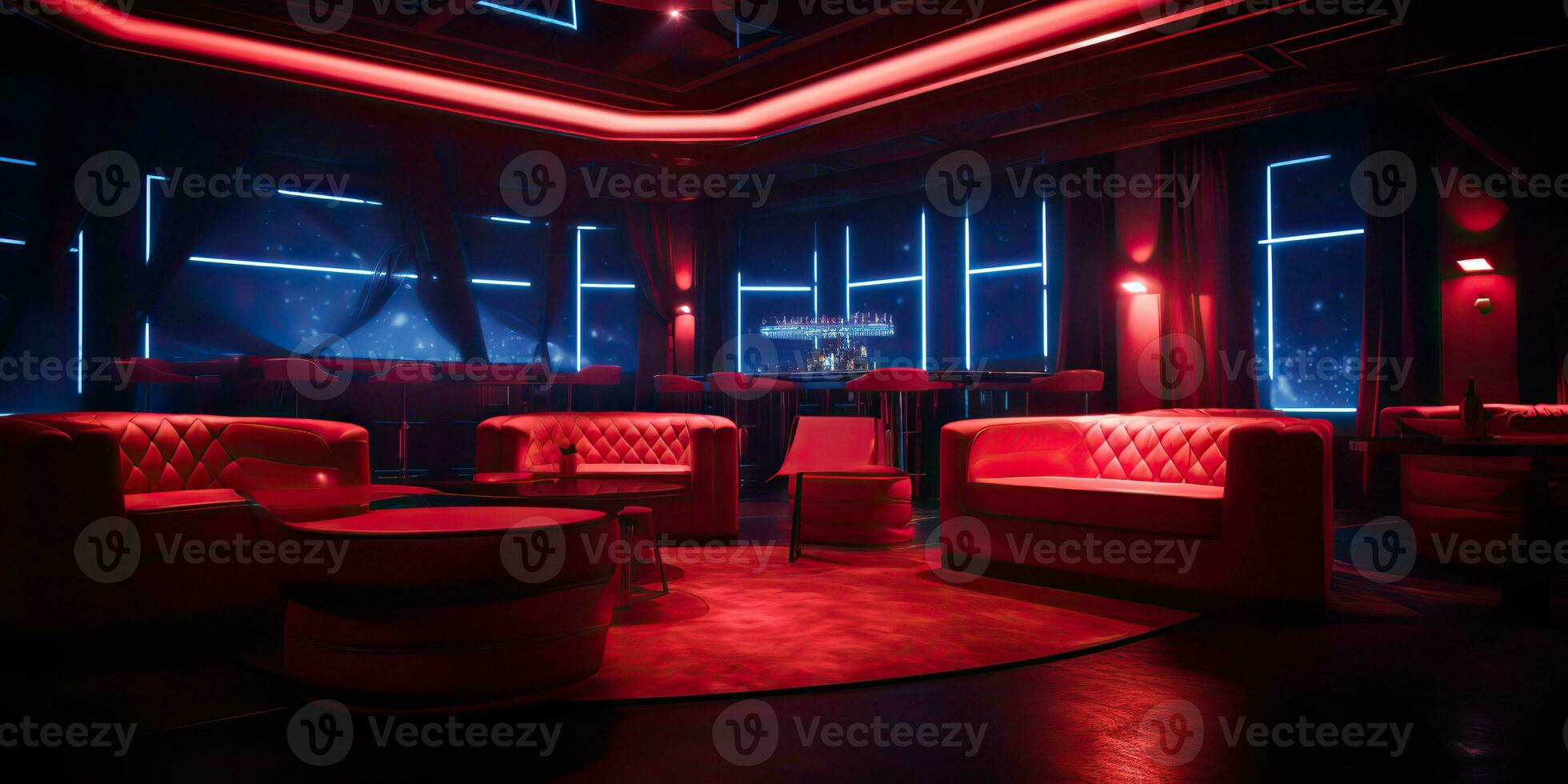 AI Generated. AI Generative. Vip private room at nightclub interior design. Red dark night life style party with red sofa seating. Graphic Art photo