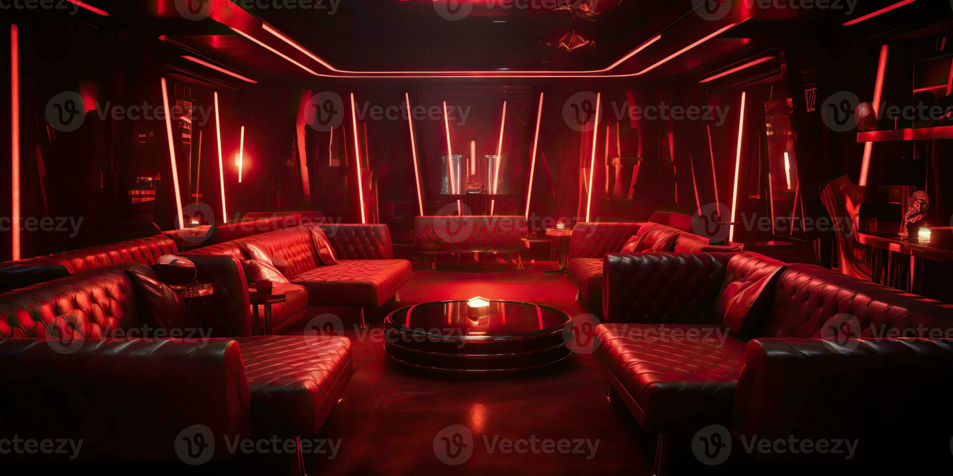 AI Generated. AI Generative. Vip private room at nightclub interior design. Red dark night life style party with red sofa seating. Graphic Art photo