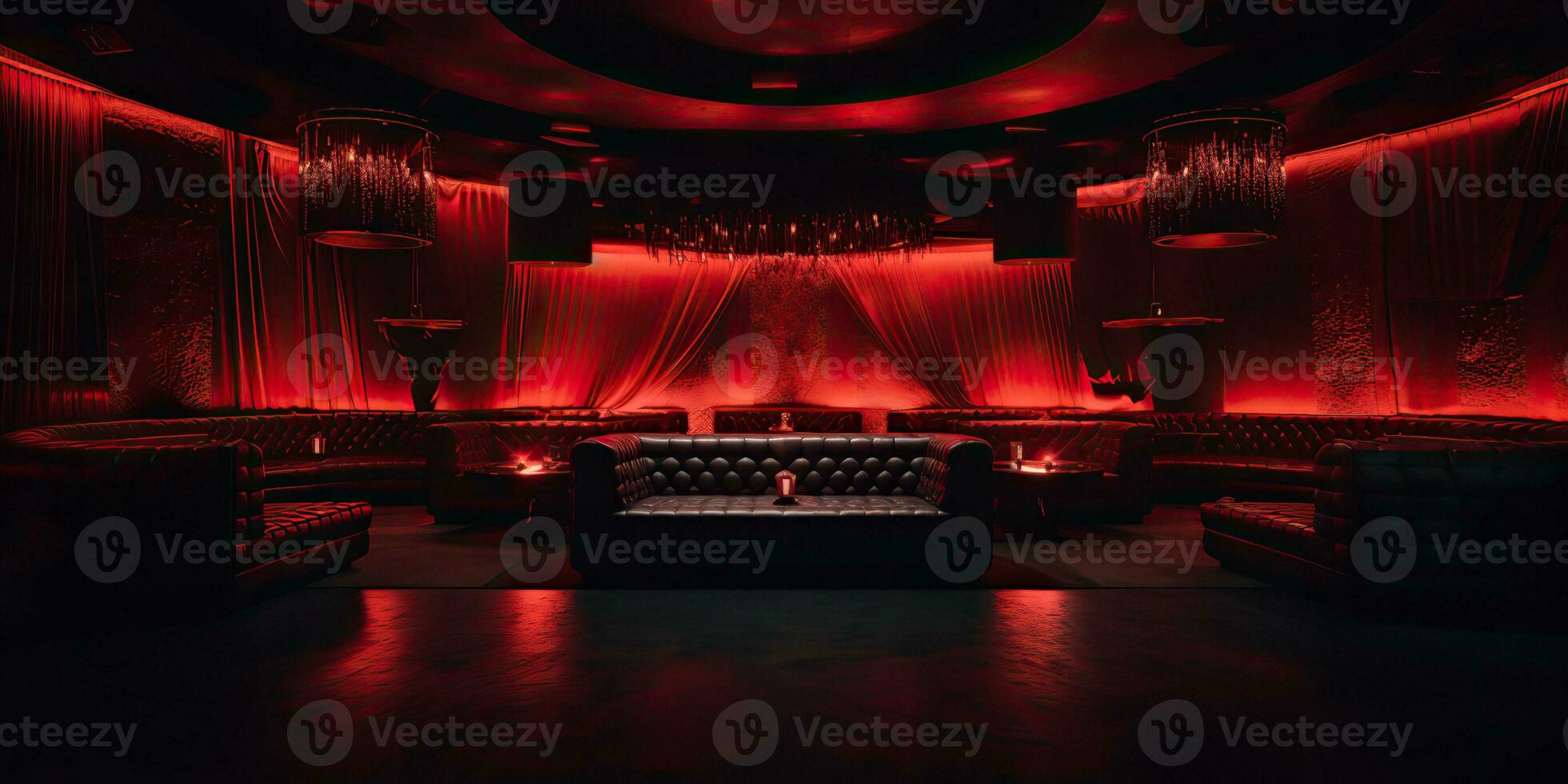 AI Generated. AI Generative. Vip private room at nightclub interior design. Red dark night life style party with red sofa seating. Graphic Art photo