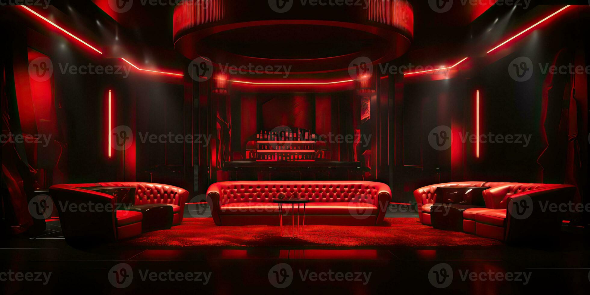 AI Generated. AI Generative. Vip private room at nightclub interior design. Red dark night life style party with red sofa seating. Graphic Art photo