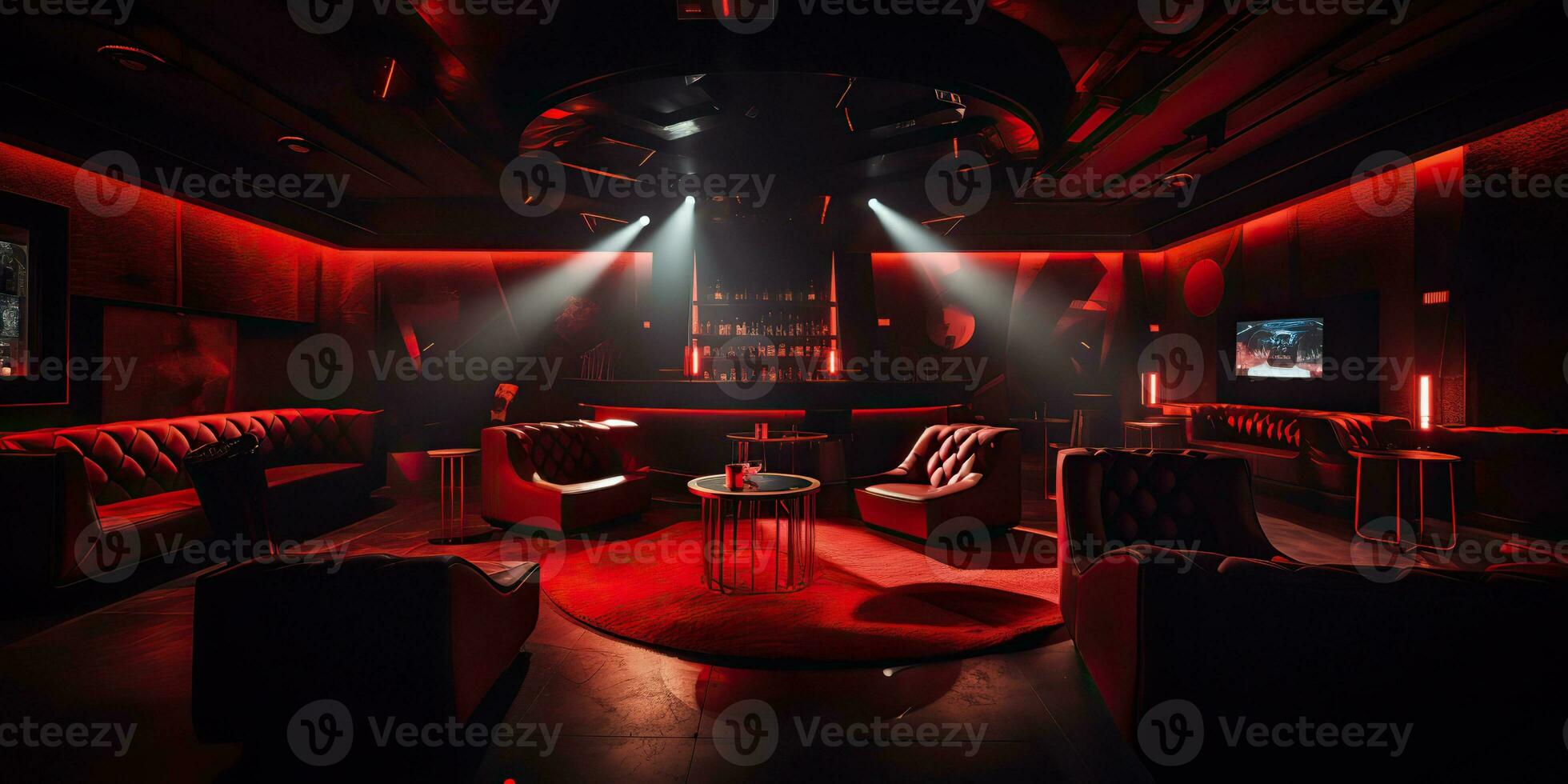 AI Generated. AI Generative. Vip private room at nightclub interior design. Red dark night life style party with red sofa seating. Graphic Art photo