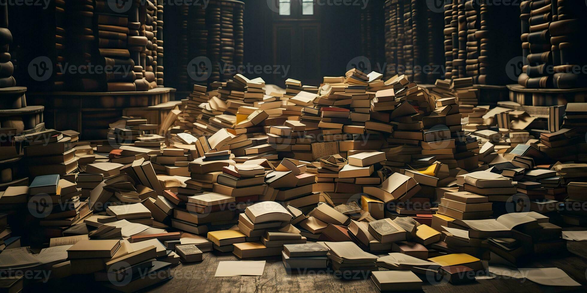 AI Generated. AI Generative. Old retro vintage book library archive book store. Education story vibe. Graphic Art photo