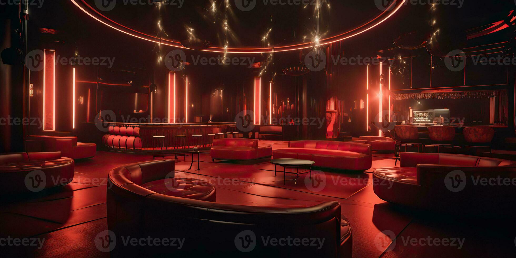 AI Generated. AI Generative. Vip private room at nightclub interior design. Red dark night life style party with red sofa seating. Graphic Art photo