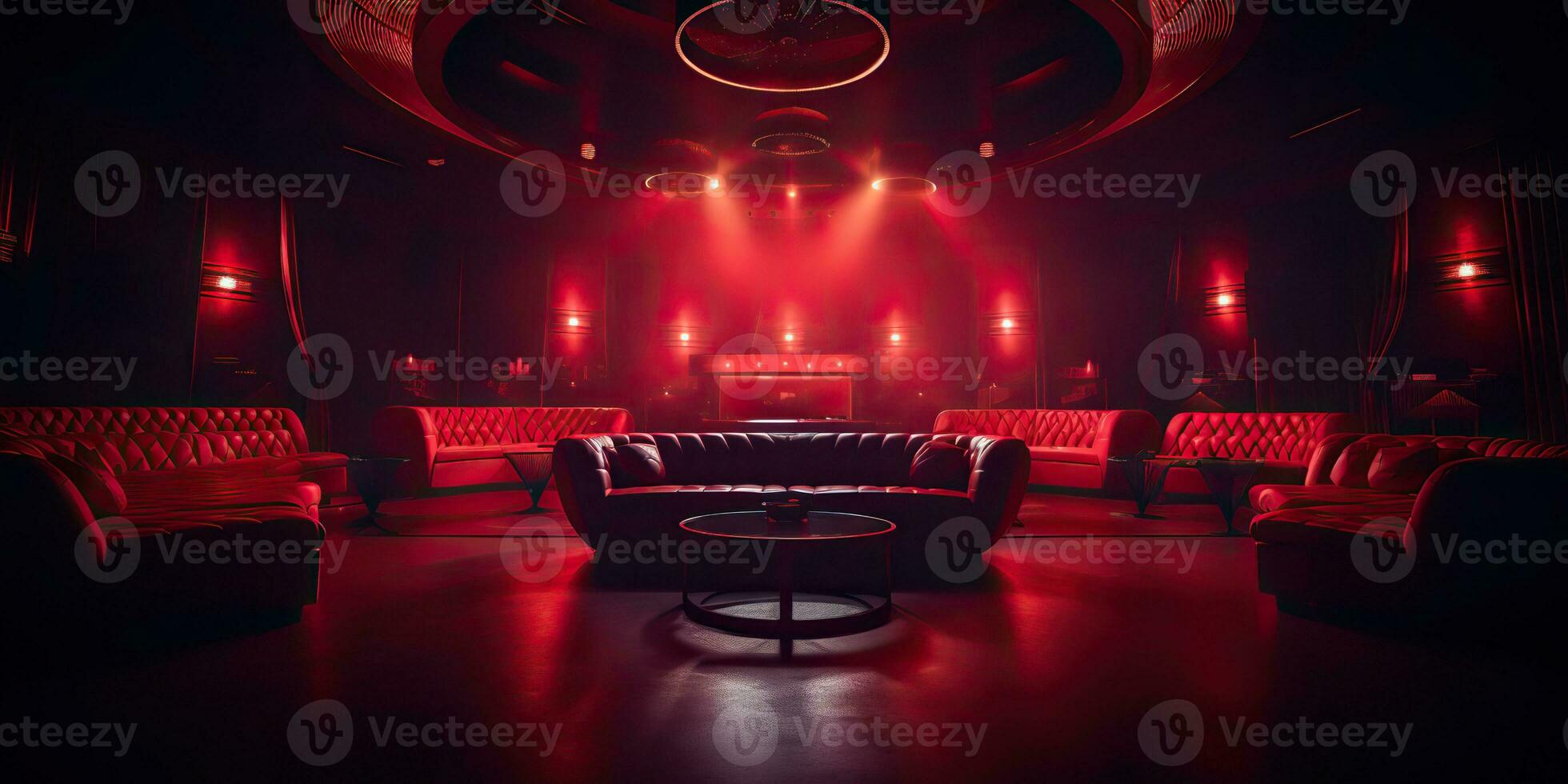 AI Generated. AI Generative. Vip private room at nightclub interior design. Red dark night life style party with red sofa seating. Graphic Art photo