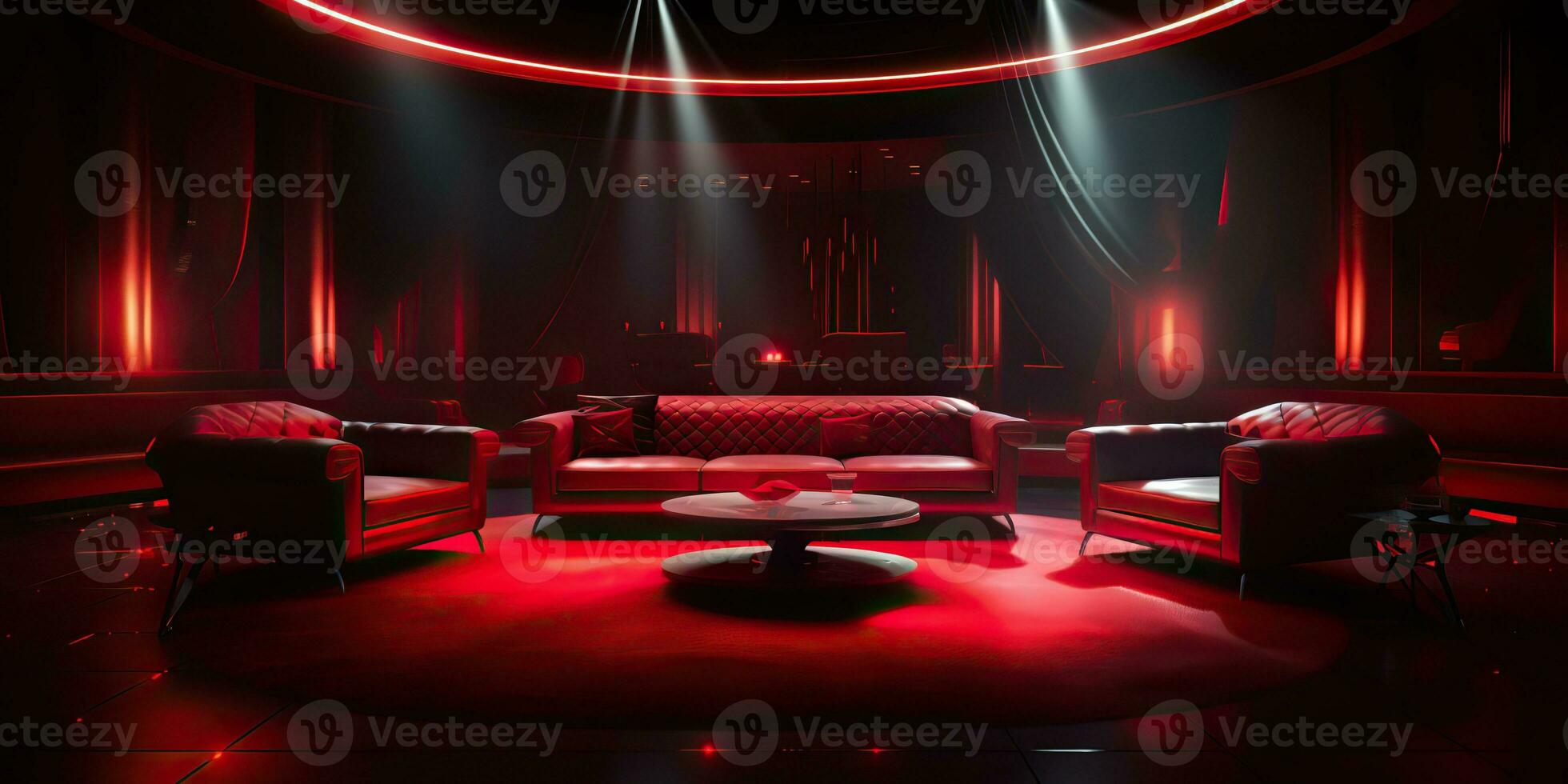 AI Generated. AI Generative. Vip private room at nightclub interior design. Red dark night life style party with red sofa seating. Graphic Art photo