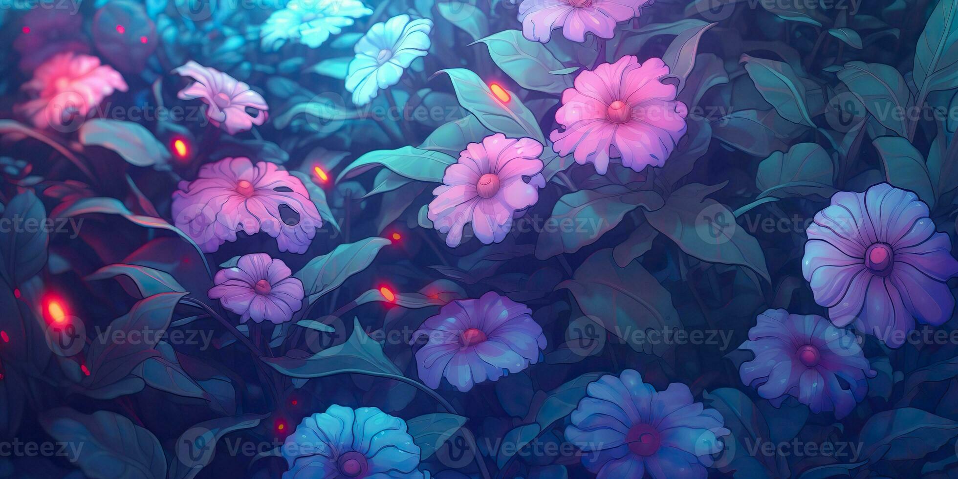AI Generated. AI Generative. Violet purple blue pink flowers plant foilage meadow field of bloom wild beautiful decoration landscape background. Graphic Art photo