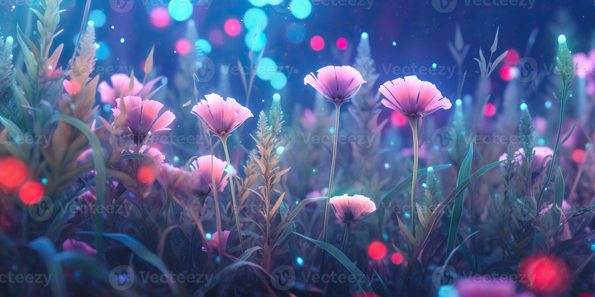 AI Generated. AI Generative. Violet purple blue pink flowers plant foilage meadow field of bloom wild beautiful decoration landscape background. Graphic Art photo