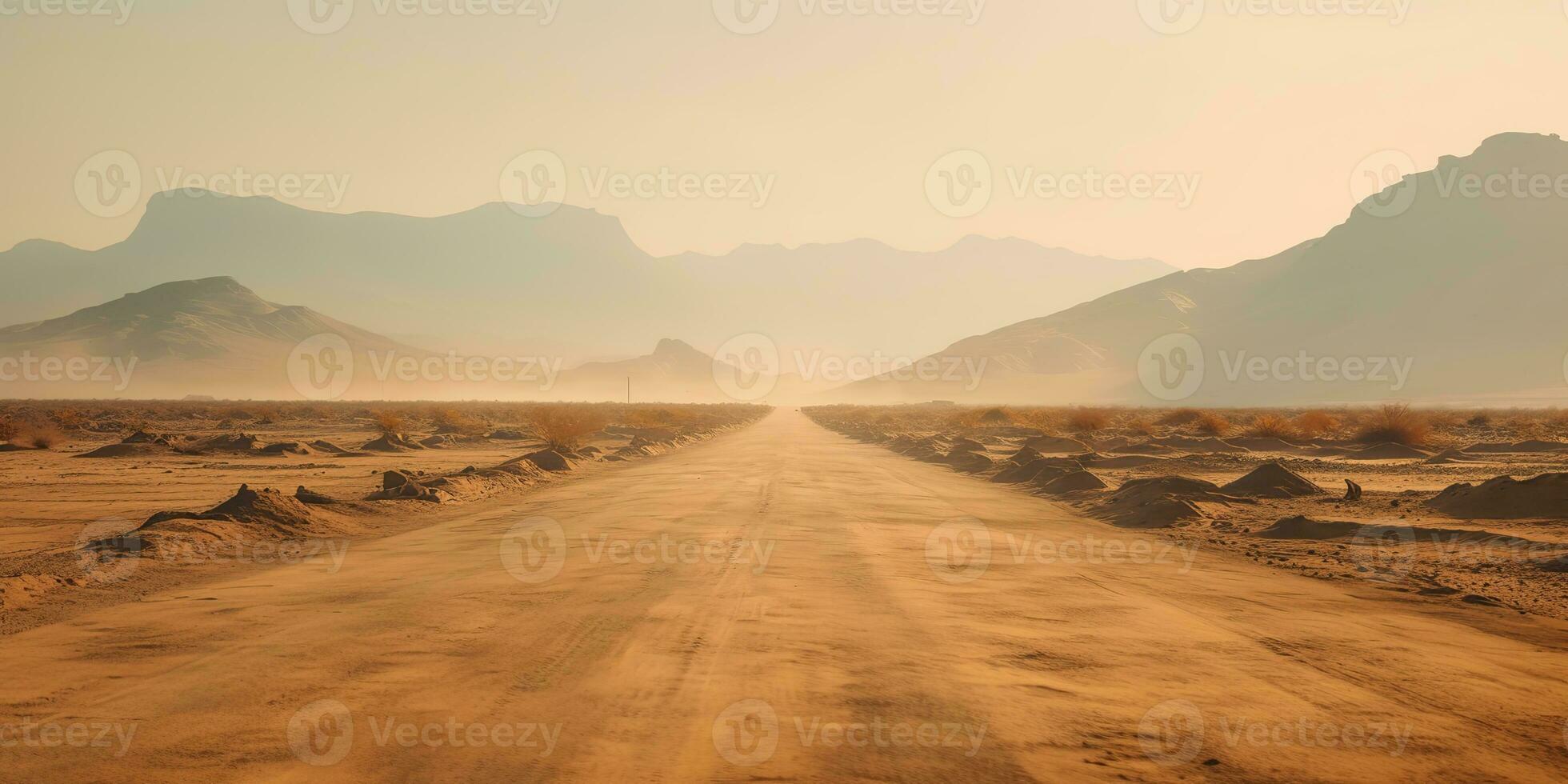 AI Generated. AI Generative. Sand desert hot dirty road path. Outdoor arizona western nature landscape background. Road trip travel adventure explore vibe. Graphic Art photo