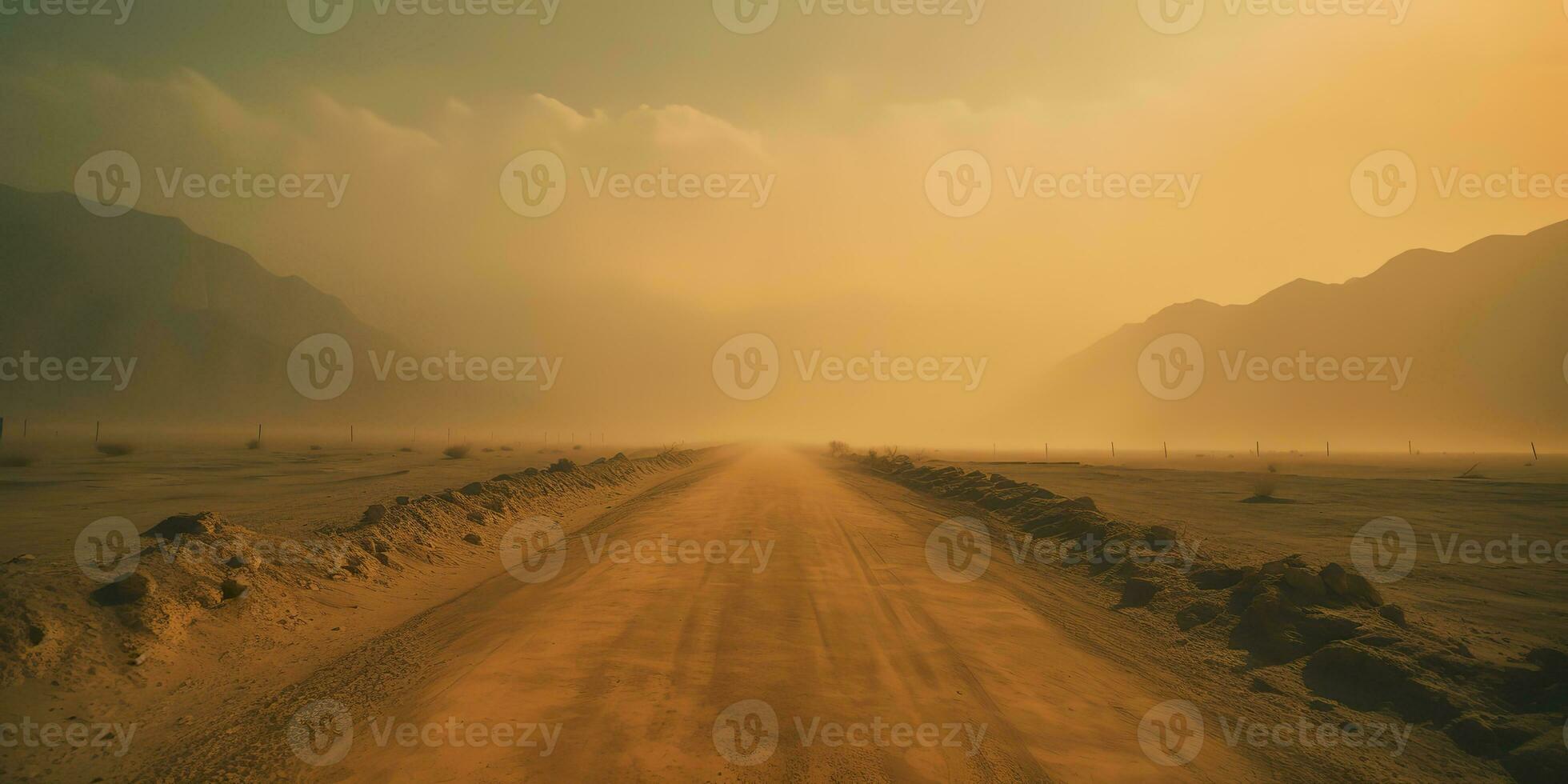 AI Generated. AI Generative. Sand desert hot dirty road path. Outdoor arizona western nature landscape background. Road trip travel adventure explore vibe. Graphic Art photo