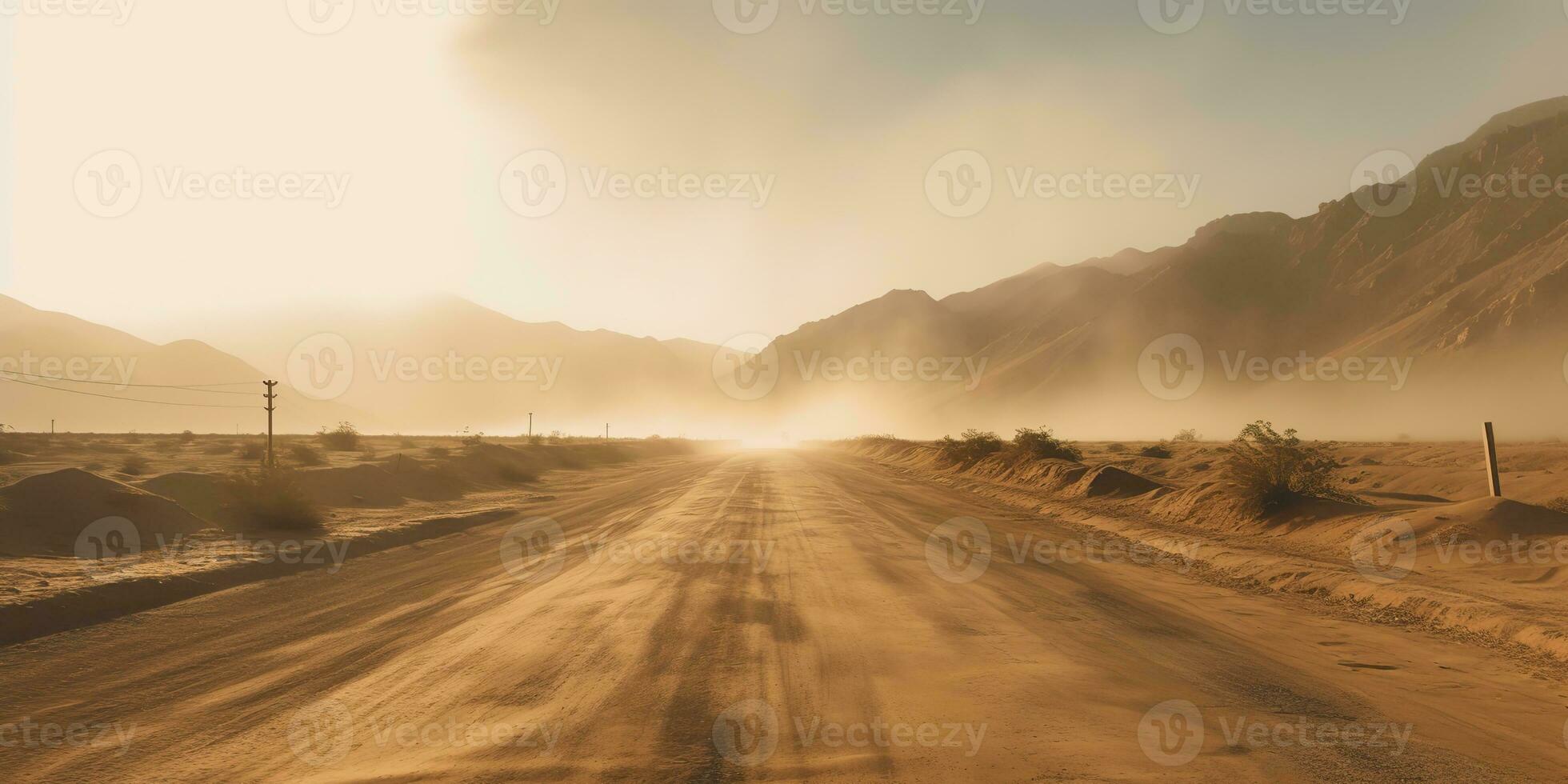 AI Generated. AI Generative. Sand desert hot dirty road path. Outdoor arizona western nature landscape background. Road trip travel adventure explore vibe. Graphic Art photo