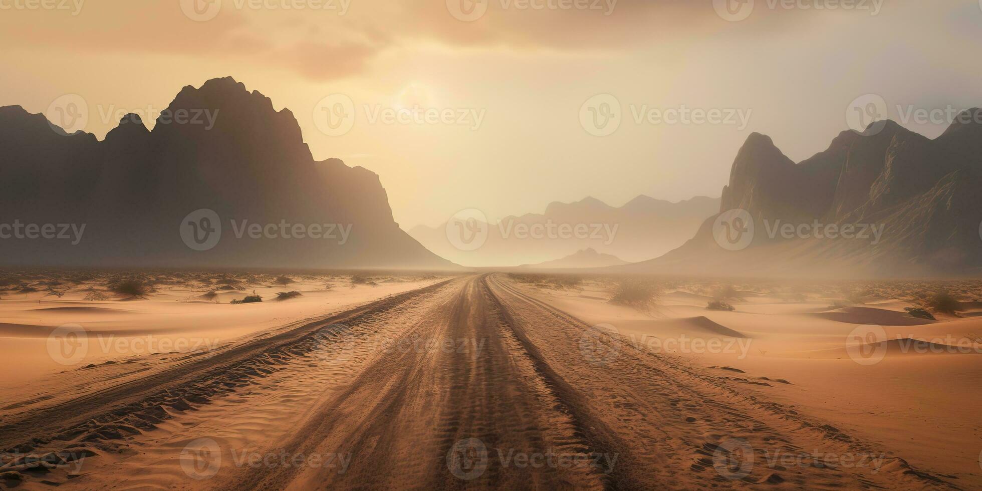 AI Generated. AI Generative. Sand desert hot dirty road path. Outdoor arizona western nature landscape background. Road trip travel adventure explore vibe. Graphic Art photo