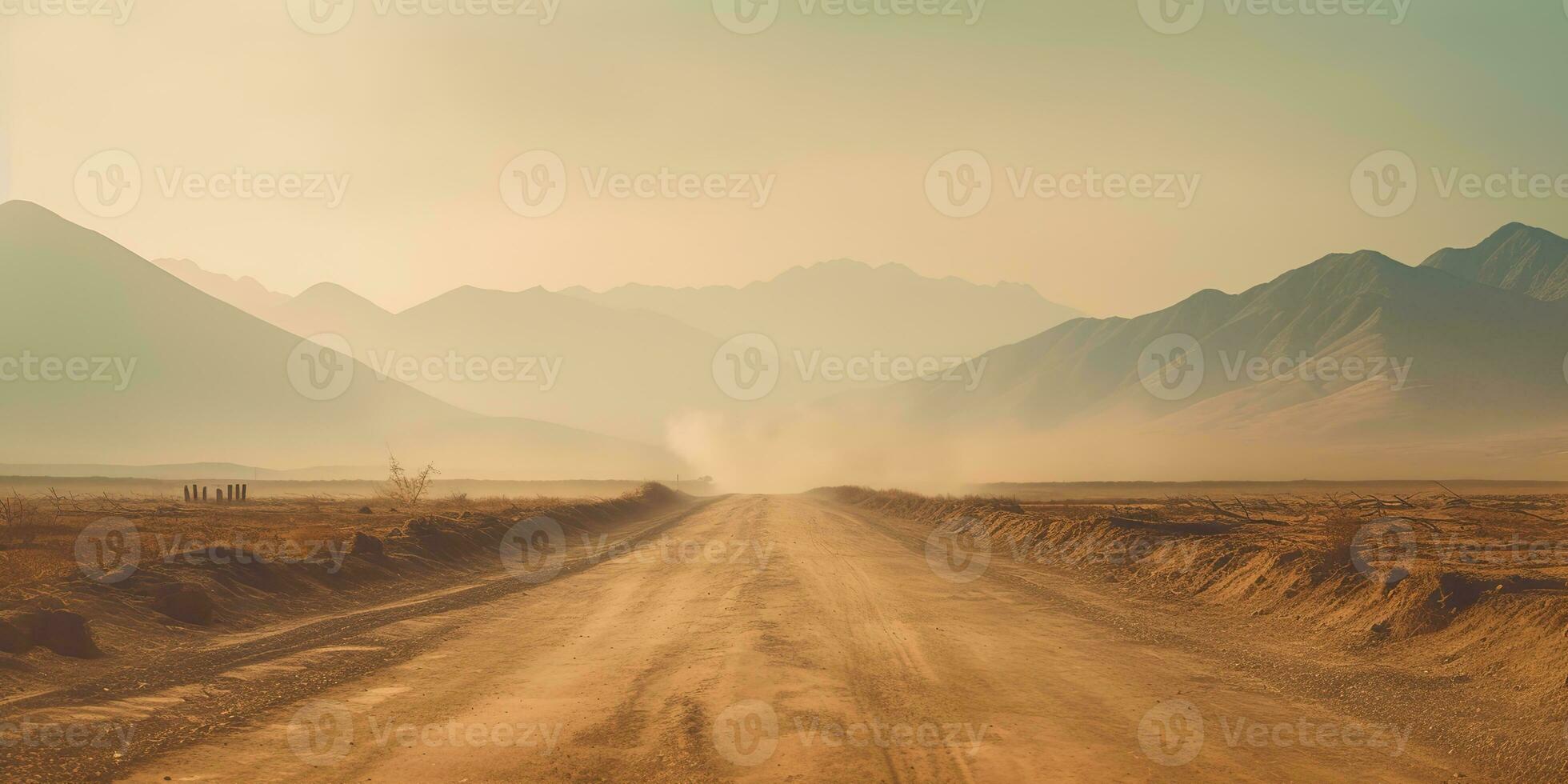 AI Generated. AI Generative. Sand desert hot dirty road path. Outdoor arizona western nature landscape background. Road trip travel adventure explore vibe. Graphic Art photo