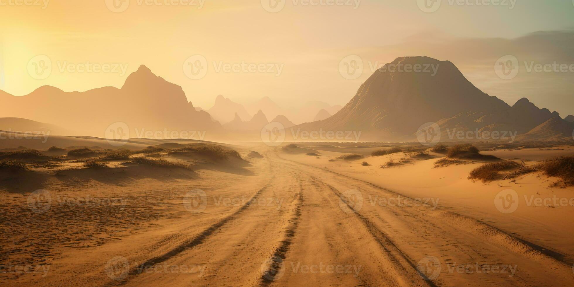 AI Generated. AI Generative. Sand desert hot dirty road path. Outdoor arizona western nature landscape background. Road trip travel adventure explore vibe. Graphic Art photo