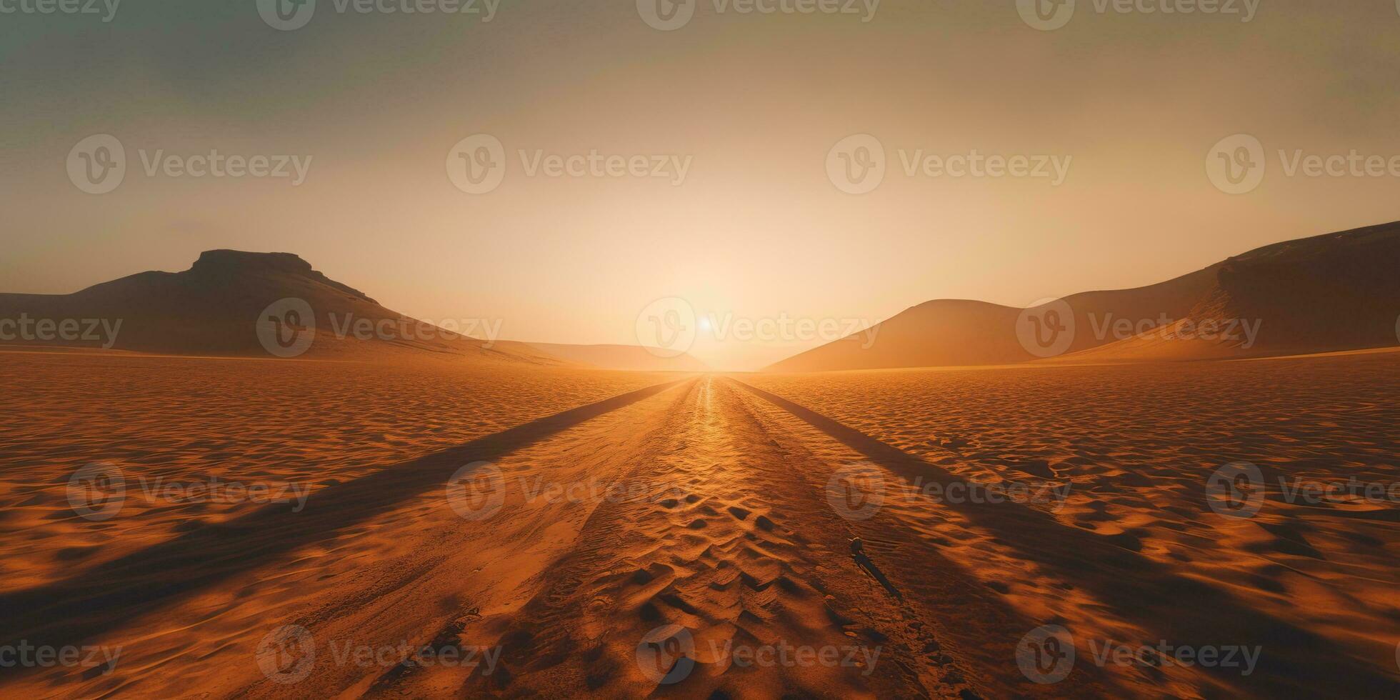 AI Generated. AI Generative. Sand desert hot dirty road path. Outdoor arizona western nature landscape background. Road trip travel adventure explore vibe. Graphic Art photo