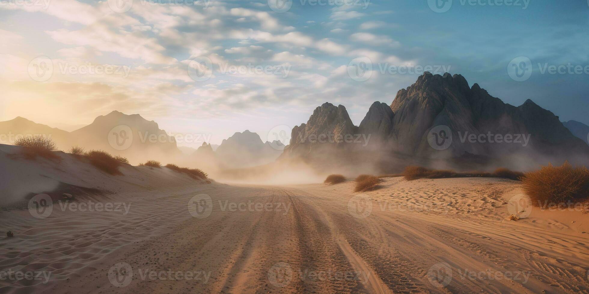 AI Generated. AI Generative. Sand desert hot dirty road path. Outdoor arizona western nature landscape background. Road trip travel adventure explore vibe. Graphic Art photo