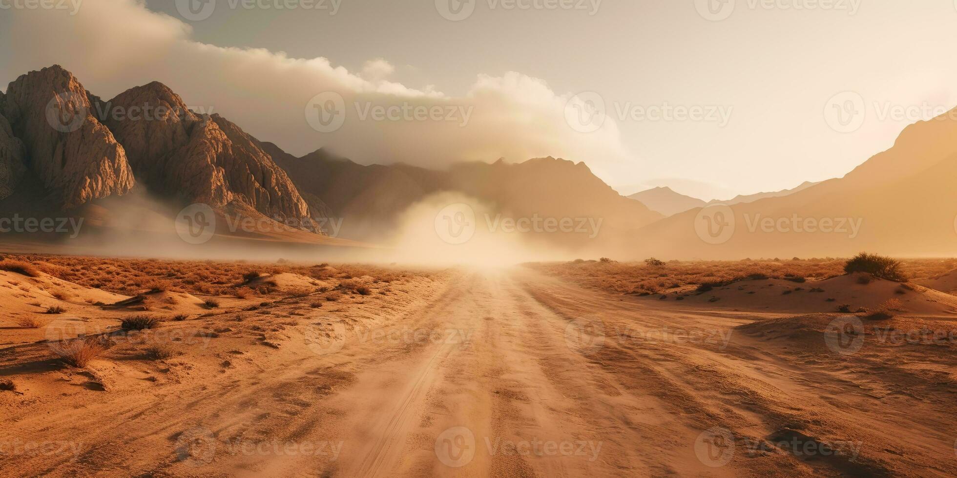 AI Generated. AI Generative. Sand desert hot dirty road path. Outdoor arizona western nature landscape background. Road trip travel adventure explore vibe. Graphic Art photo