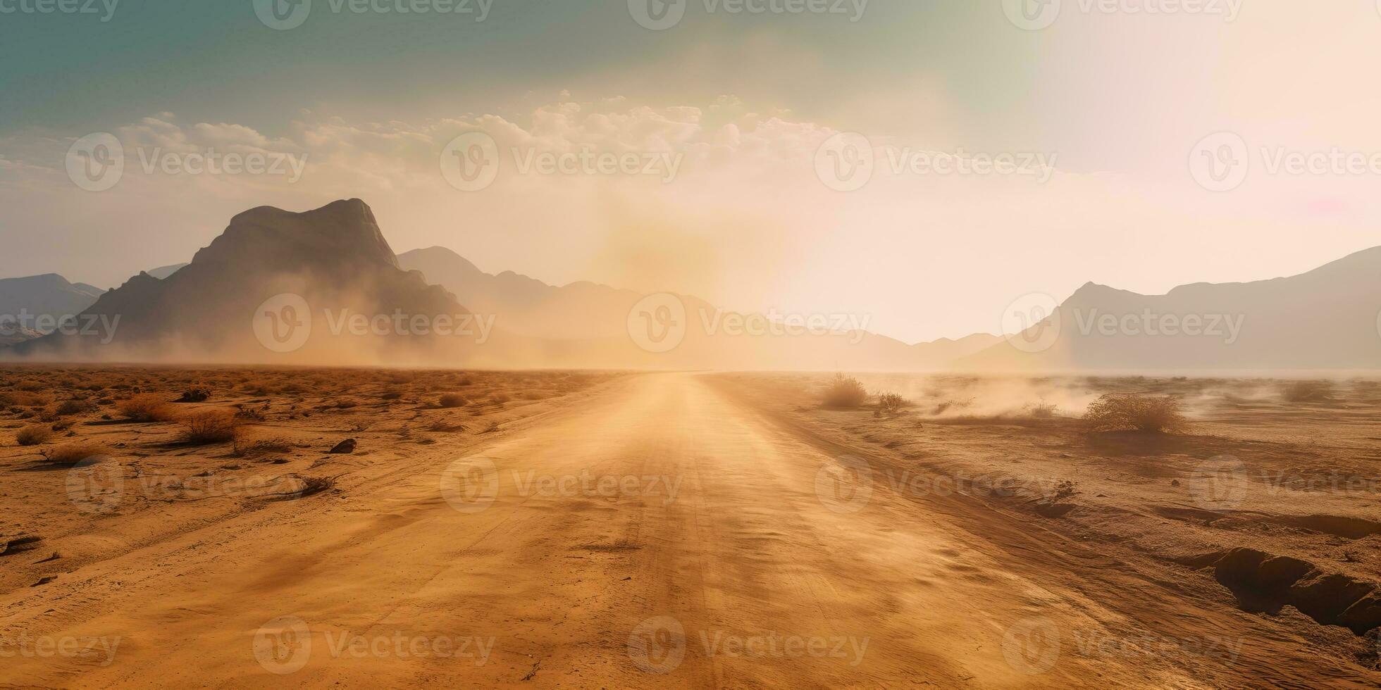 AI Generated. AI Generative. Sand desert hot dirty road path. Outdoor arizona western nature landscape background. Road trip travel adventure explore vibe. Graphic Art photo