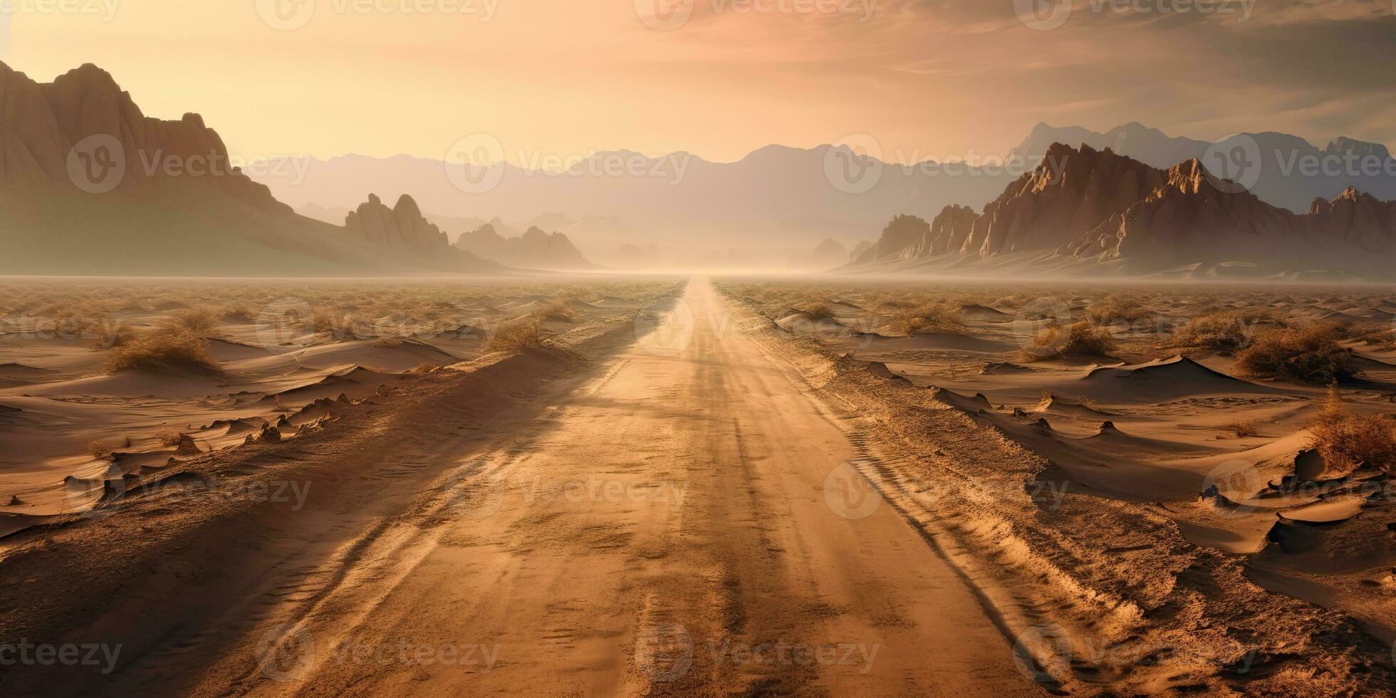 AI Generated. AI Generative. Sand desert hot dirty road path. Outdoor arizona western nature landscape background. Road trip travel adventure explore vibe. Graphic Art photo