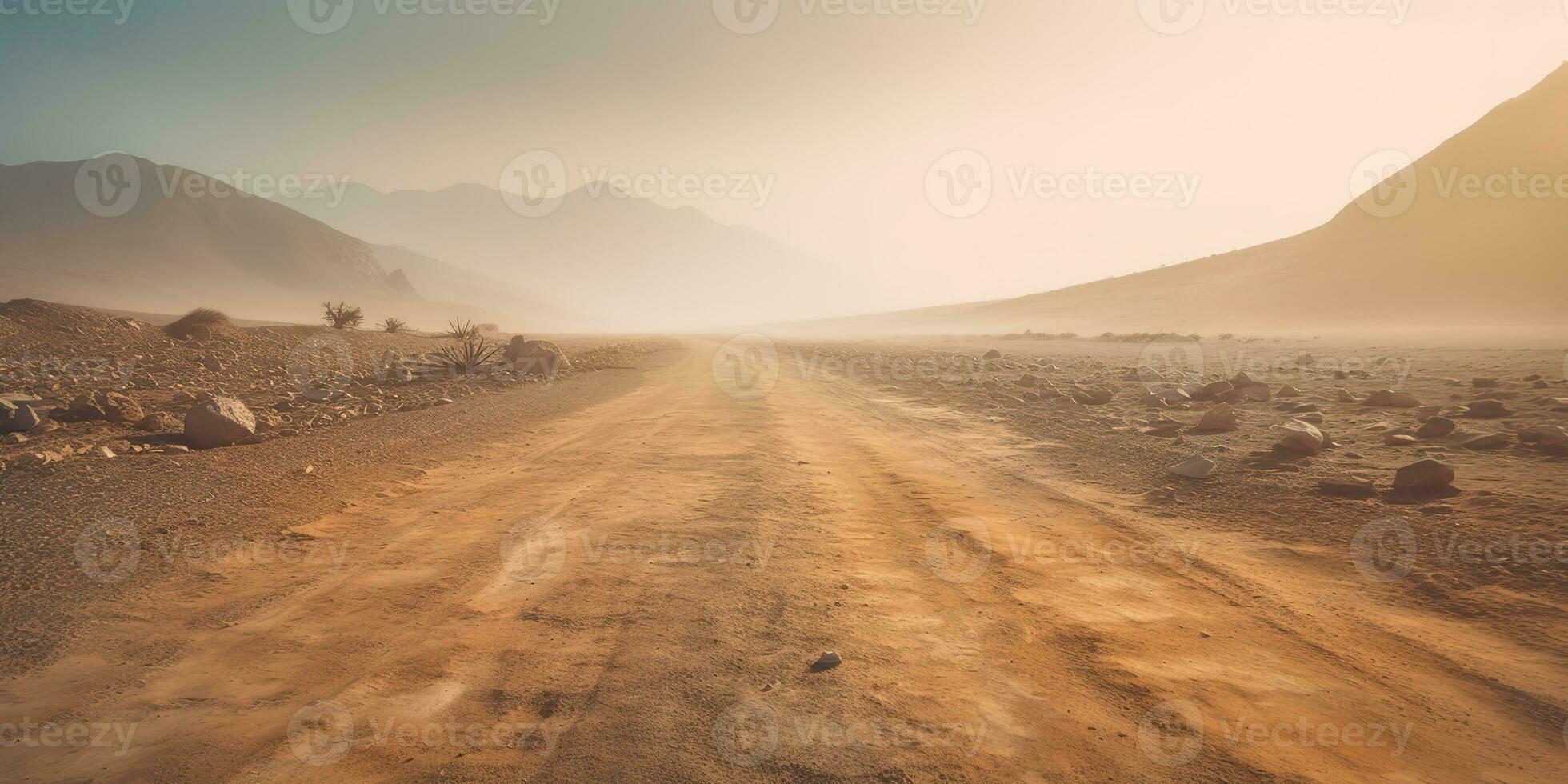 AI Generated. AI Generative. Sand desert hot dirty road path. Outdoor arizona western nature landscape background. Road trip travel adventure explore vibe. Graphic Art photo