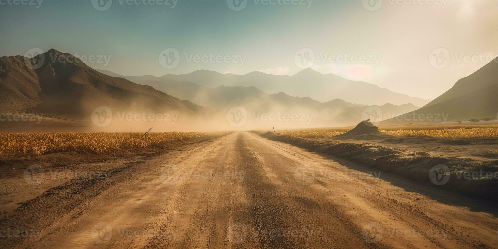 AI Generated. AI Generative. Sand desert hot dirty road path. Outdoor arizona western nature landscape background. Road trip travel adventure explore vibe. Graphic Art photo