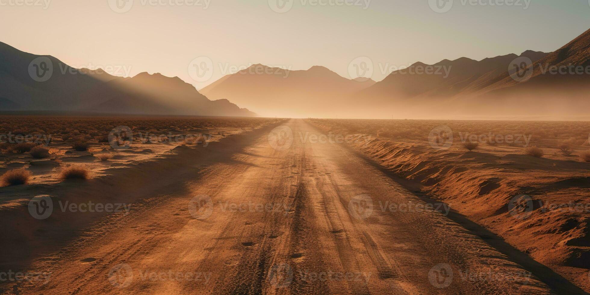 AI Generated. AI Generative. Sand desert hot dirty road path. Outdoor arizona western nature landscape background. Road trip travel adventure explore vibe. Graphic Art photo