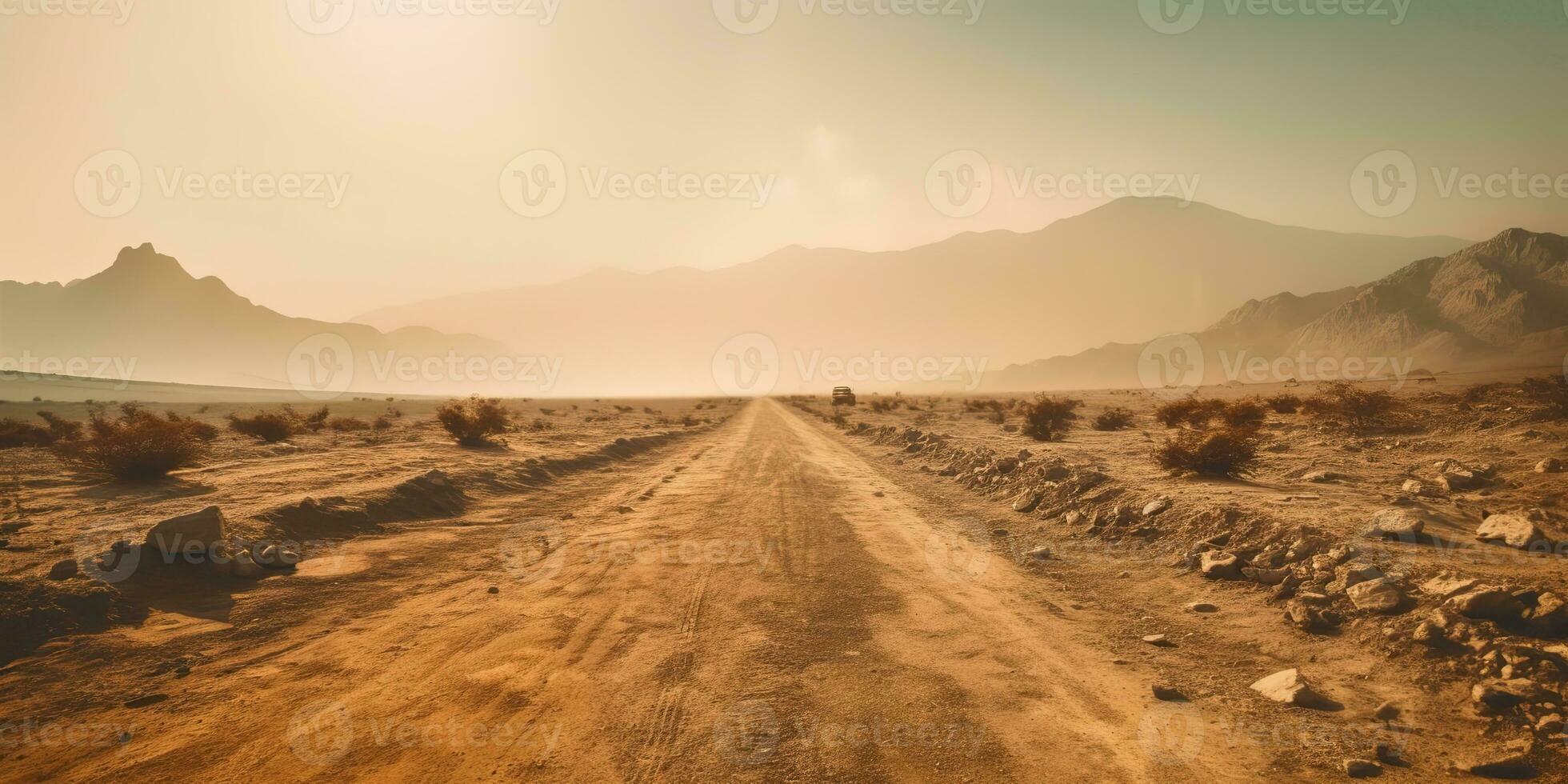 AI Generated. AI Generative. Sand desert hot dirty road path. Outdoor arizona western nature landscape background. Road trip travel adventure explore vibe. Graphic Art photo