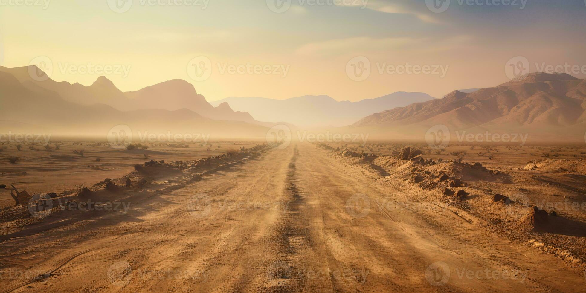 AI Generated. AI Generative. Sand desert hot dirty road path. Outdoor arizona western nature landscape background. Road trip travel adventure explore vibe. Graphic Art photo