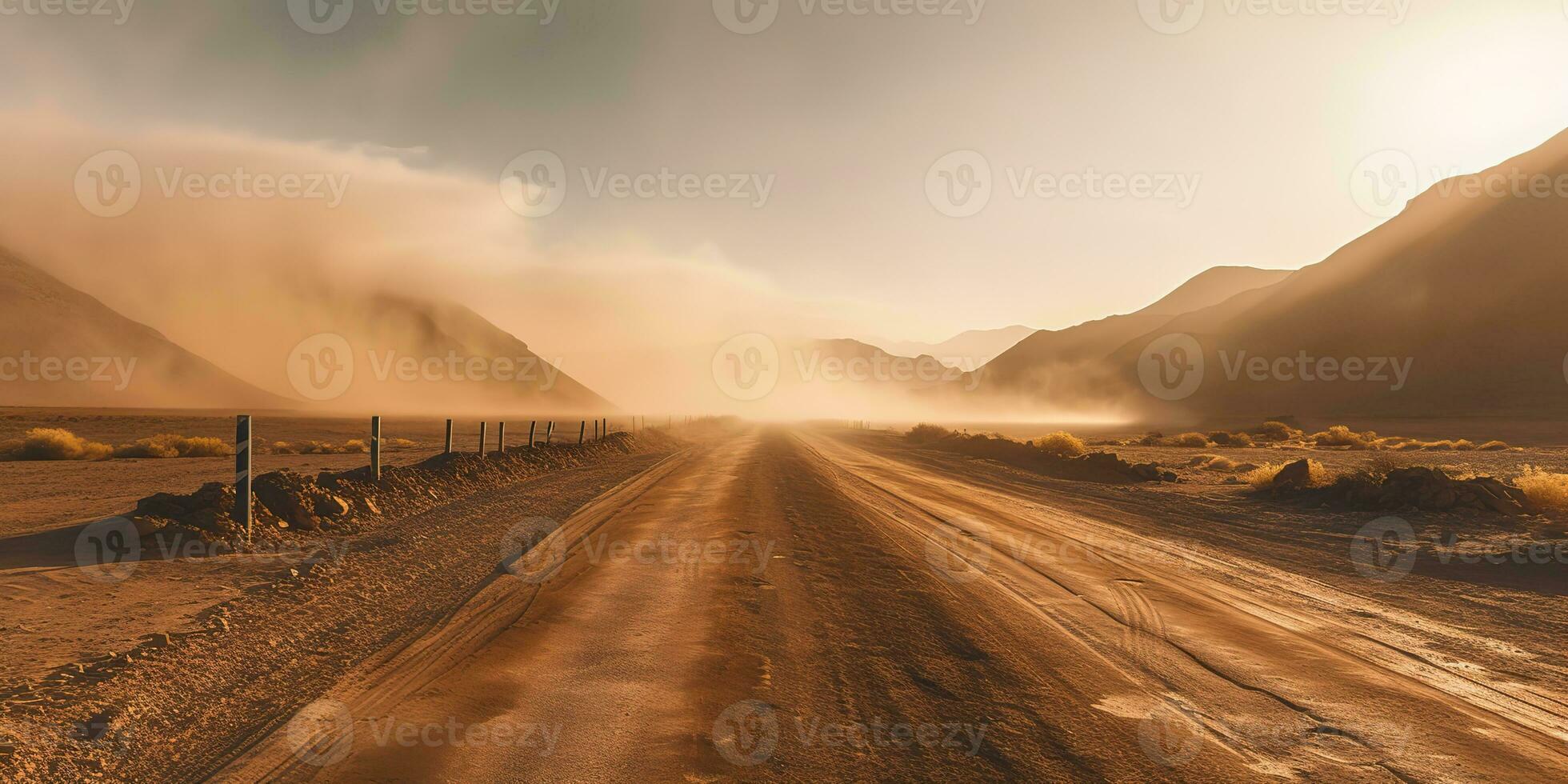 AI Generated. AI Generative. Sand desert hot dirty road path. Outdoor arizona western nature landscape background. Road trip travel adventure explore vibe. Graphic Art photo