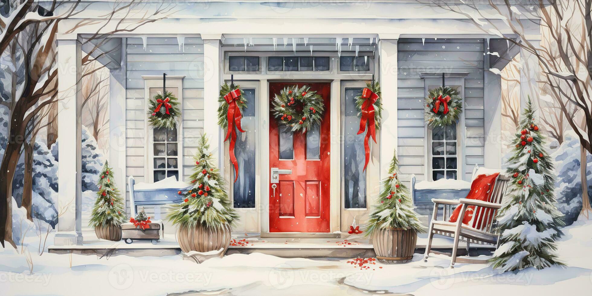 AI Generated. AI Generative. Xmas merry christmas new year decoration decor background of house home front door porch with garland and holiday decor. Winter family celebration vibe. Graphic Art photo