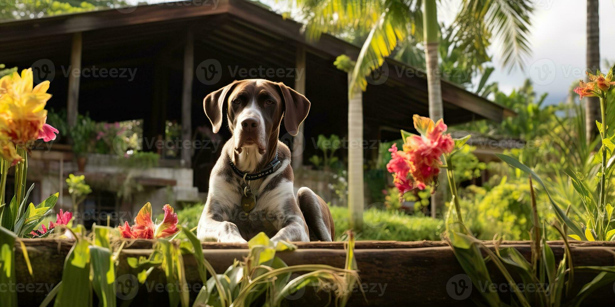 AI Generated. AI Generative. German short hair pointer dog hunter at tropical flowers plants garden background. Nature outdoor wild landscape. Graphic Art photo