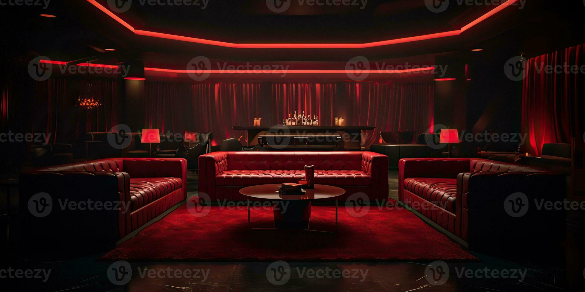 AI Generated. AI Generative. Red indoor interior night club vip luxury design decoration. Part drink bar restaurant night club night lifestyle.Graphic Art photo