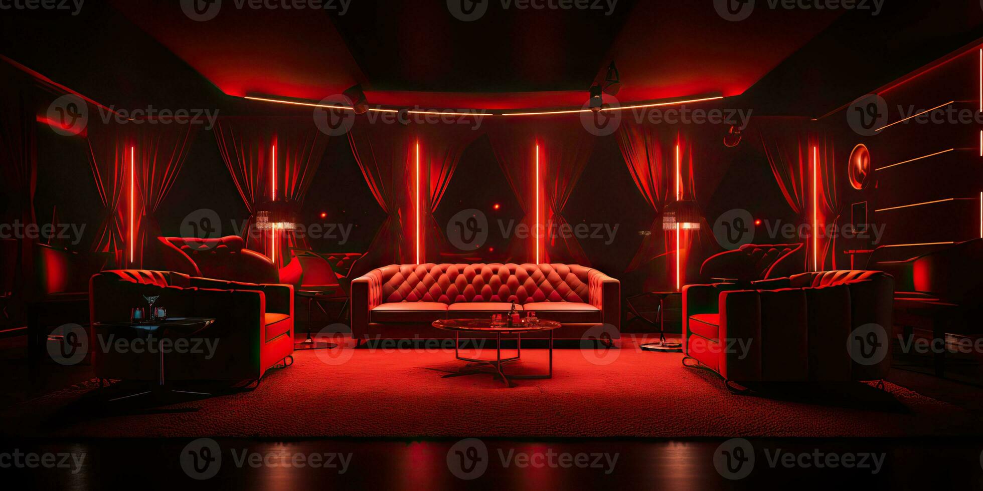 AI Generated. AI Generative. Red indoor interior night club vip luxury design decoration. Part drink bar restaurant night club night lifestyle.Graphic Art photo