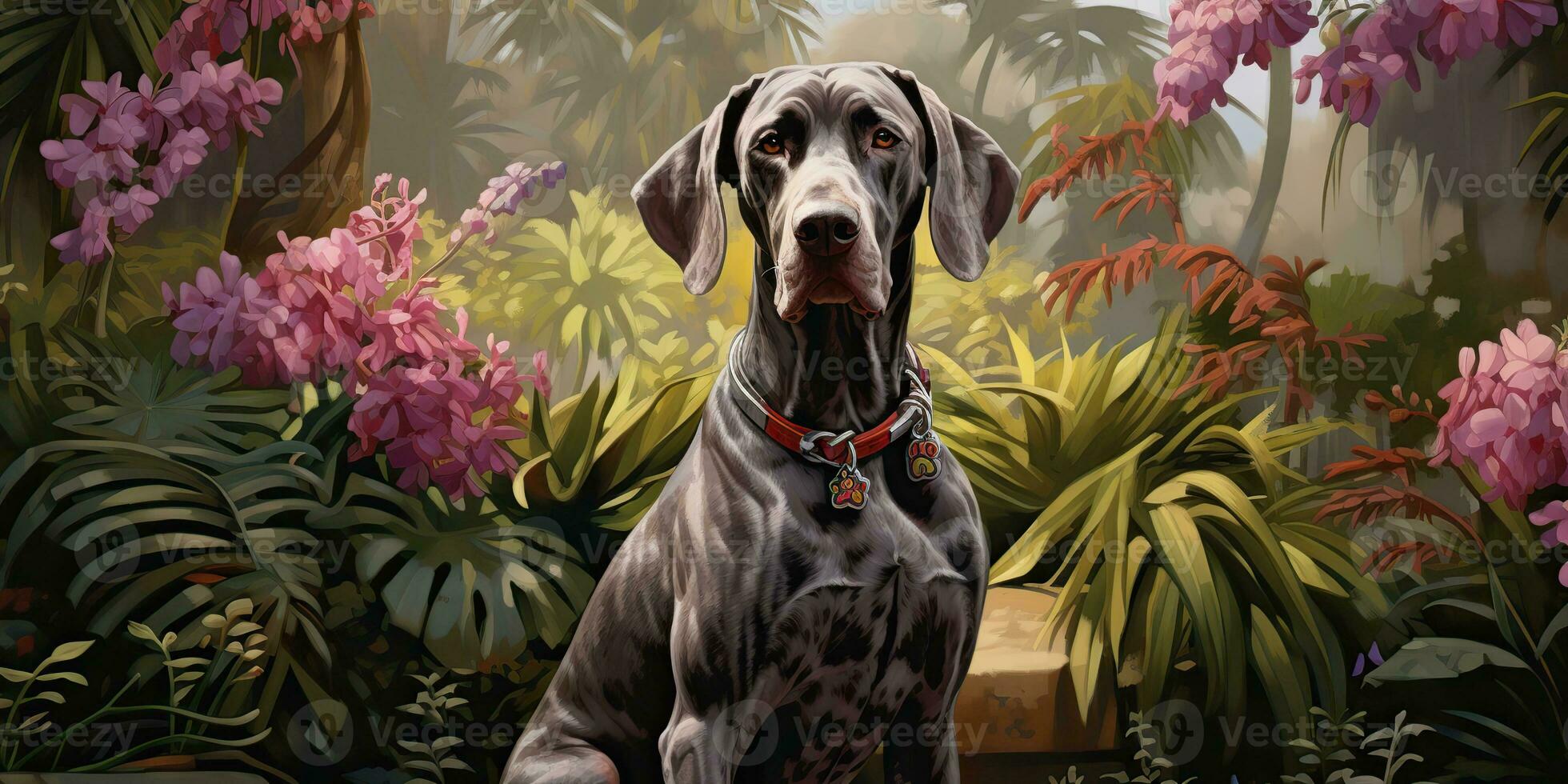 AI Generated. AI Generative. German short hair pointer dog hunter at tropical flowers plants garden background. Nature outdoor wild landscape. Graphic Art photo