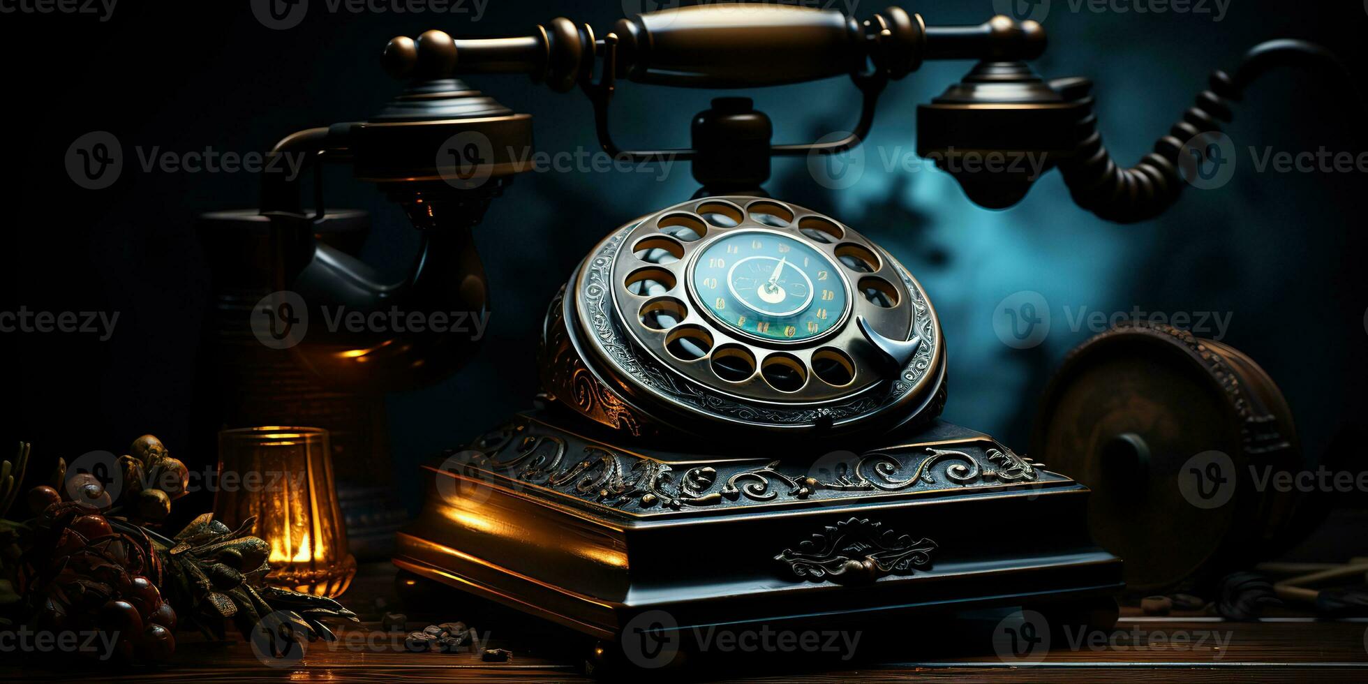 AI Generated. AI Generative. Classic retro vintage antique telephone talk phone on wooden table. Graphic Art photo